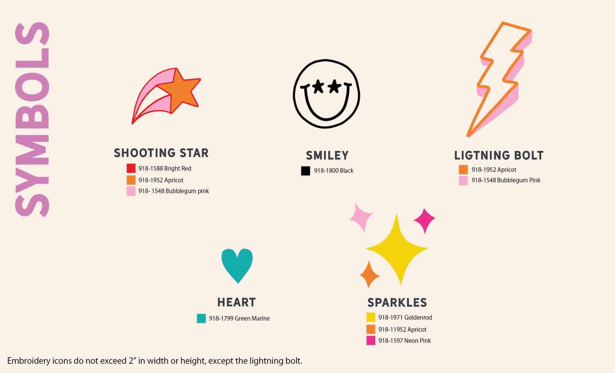 symbols like shooting star, smiley face, lightning bolt, heart and sparkle