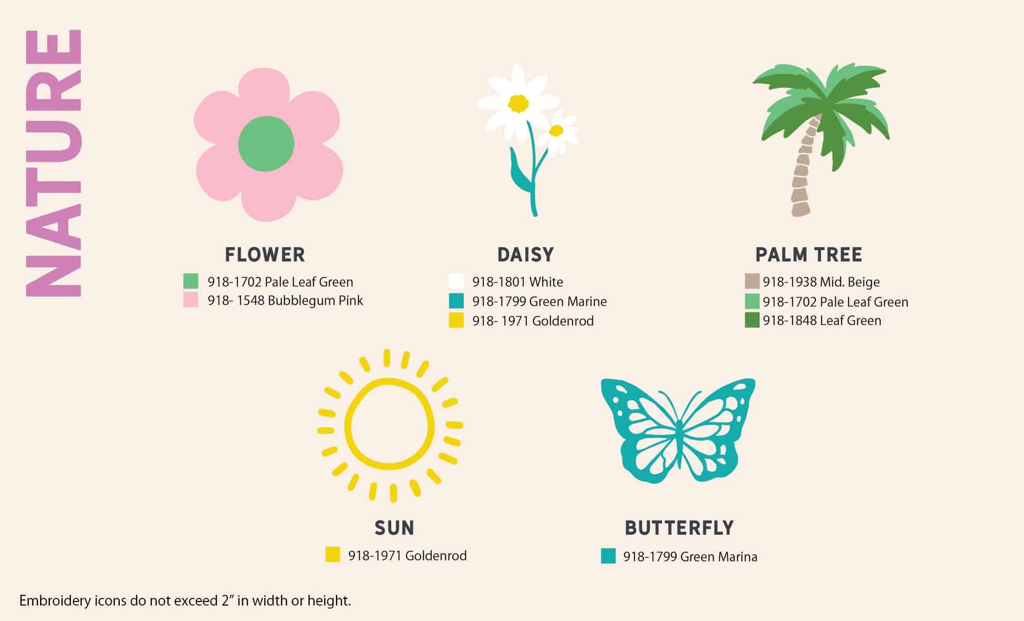 nature icons like flower, daisy, palm tree, sun and butterfly