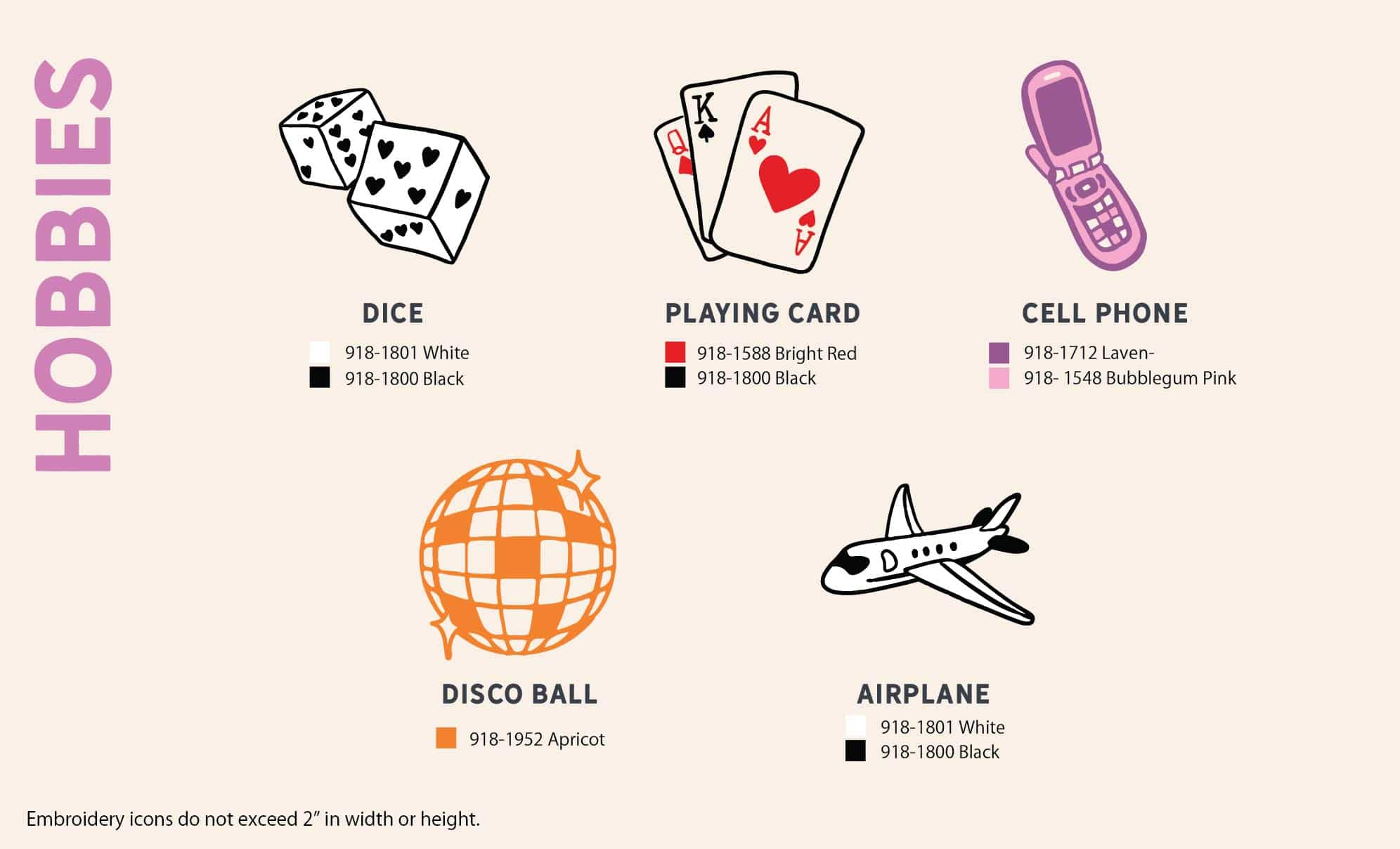 Hobbies like dice, cards, cell phone, disco ball and plane