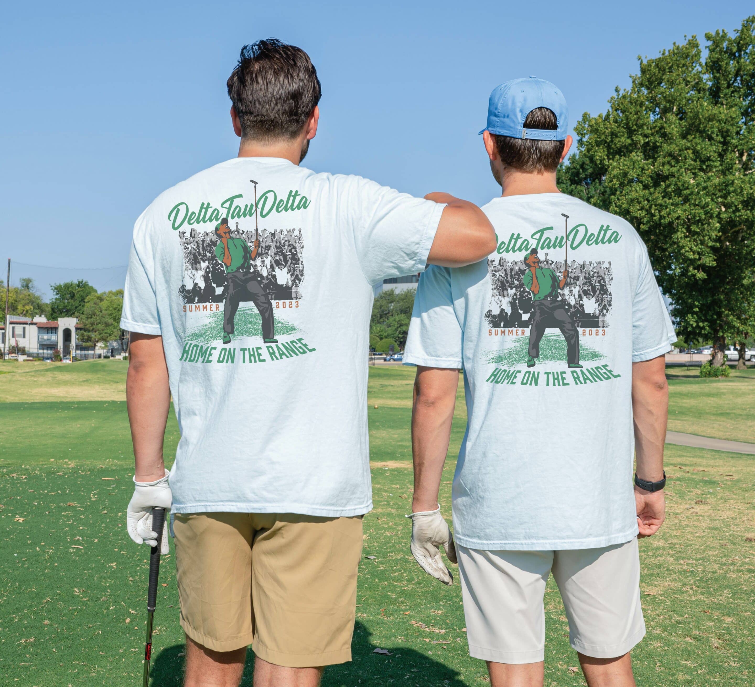 two men on a golf course wearing shirts and hats