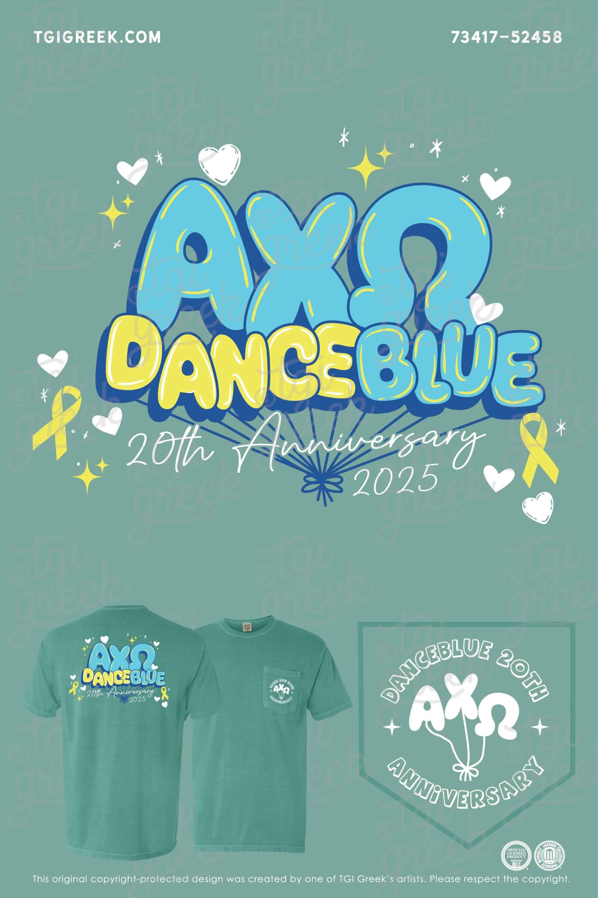 Alpha Chi Omega Univ of Kentucky Dance Blue 20th Anniversary Shirt with Balloon Shaped Bubble Letters