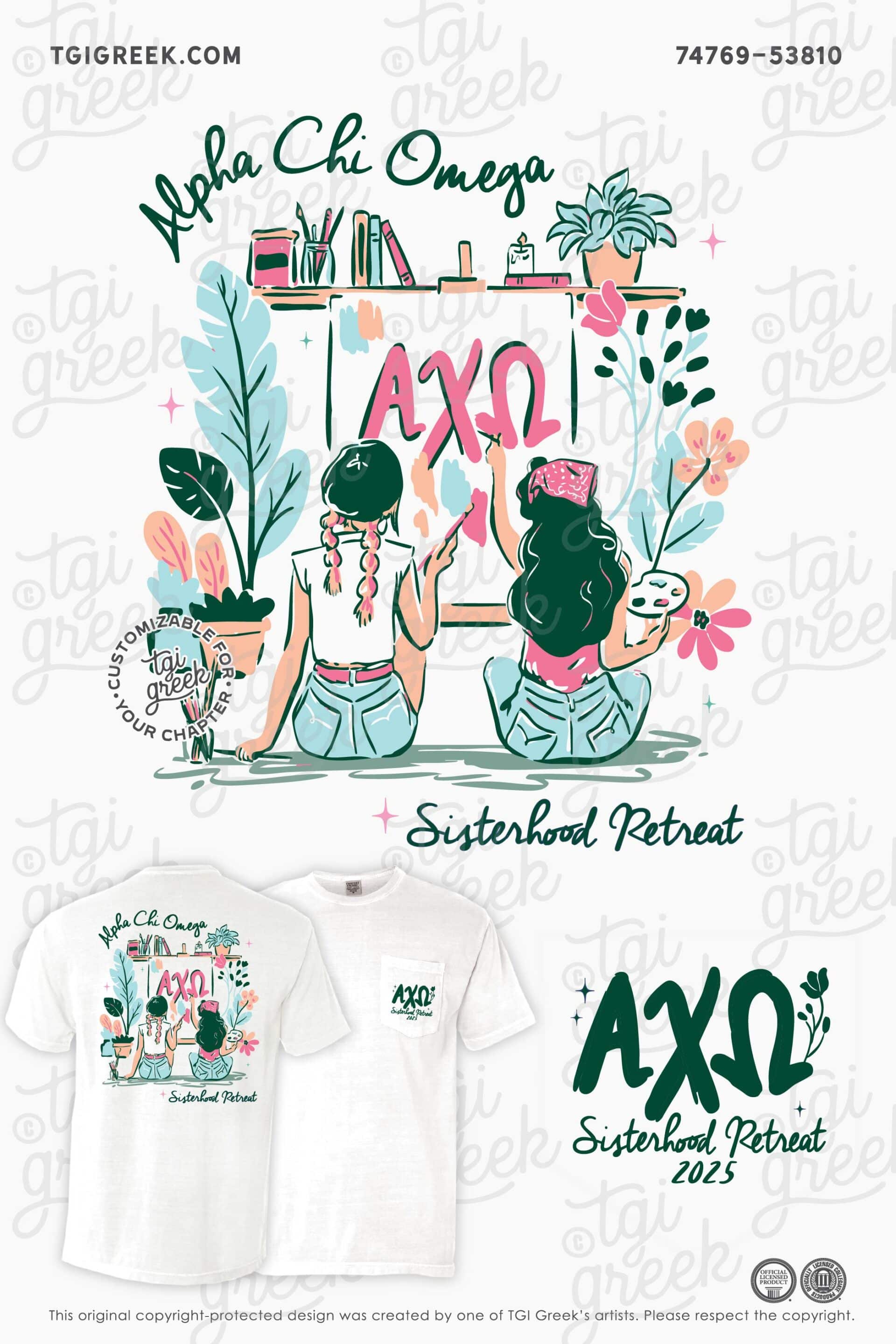 University of Kentucky Alpha Chi Omega Sisterhood Retreat Tshirt with two girls painting a banner and flowers