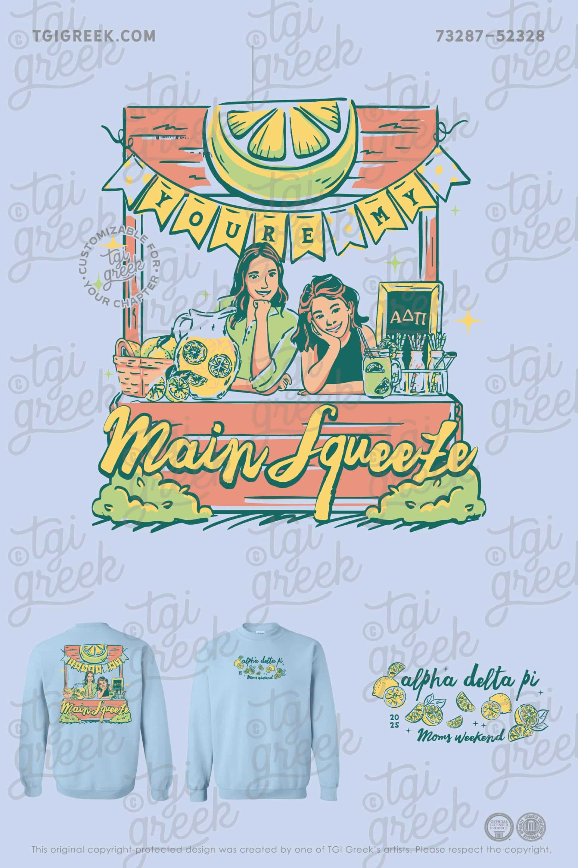 Texas Tech Alpha Delta Pi Crewneck Sweatshirt Mom's Weekend Main Squeeze Lemonade Stand with Pitcher of Lemonade and Lemon Design