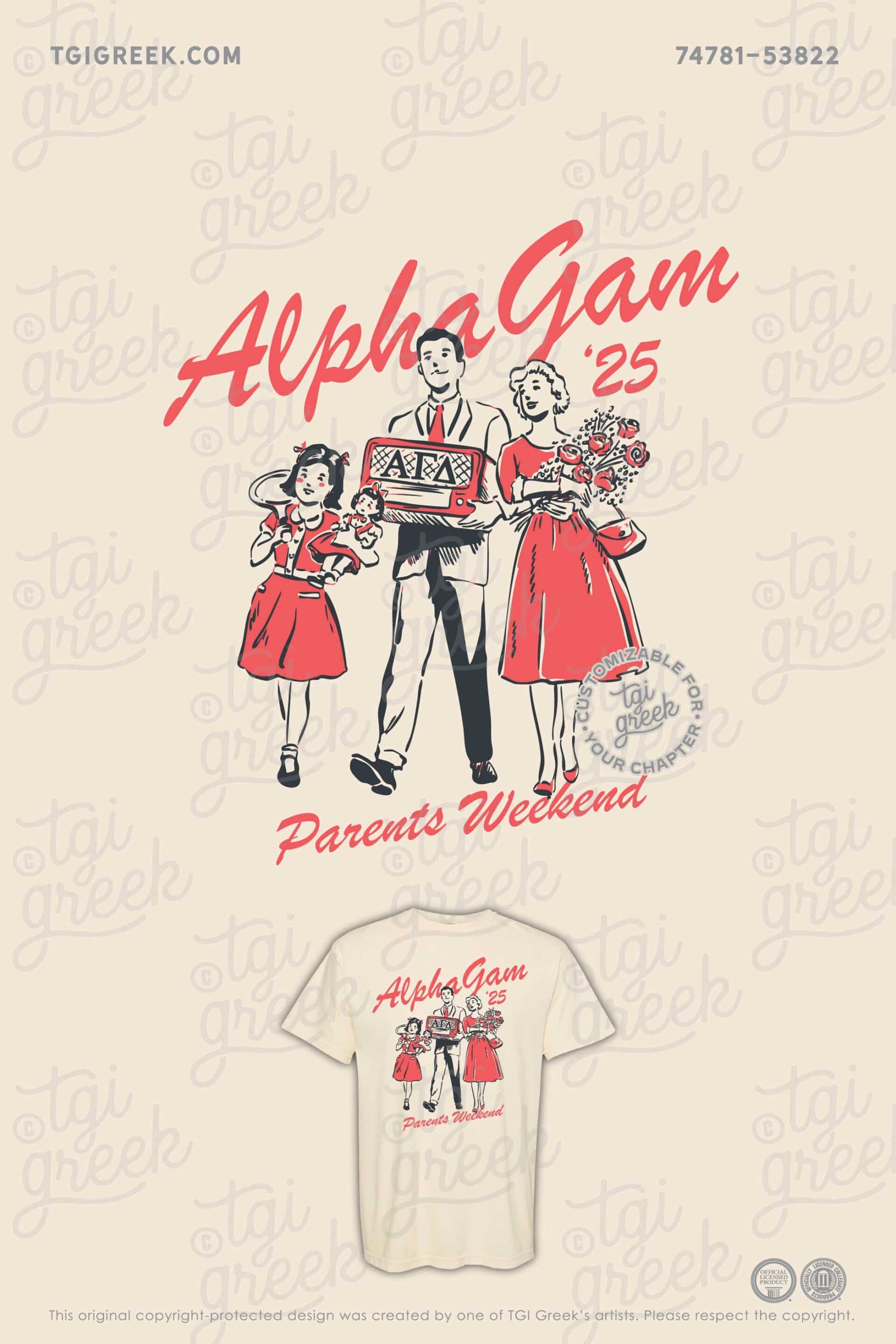 Alpha Gamma Delta Parents Weekend Ivory Shirt with Retro Style Family