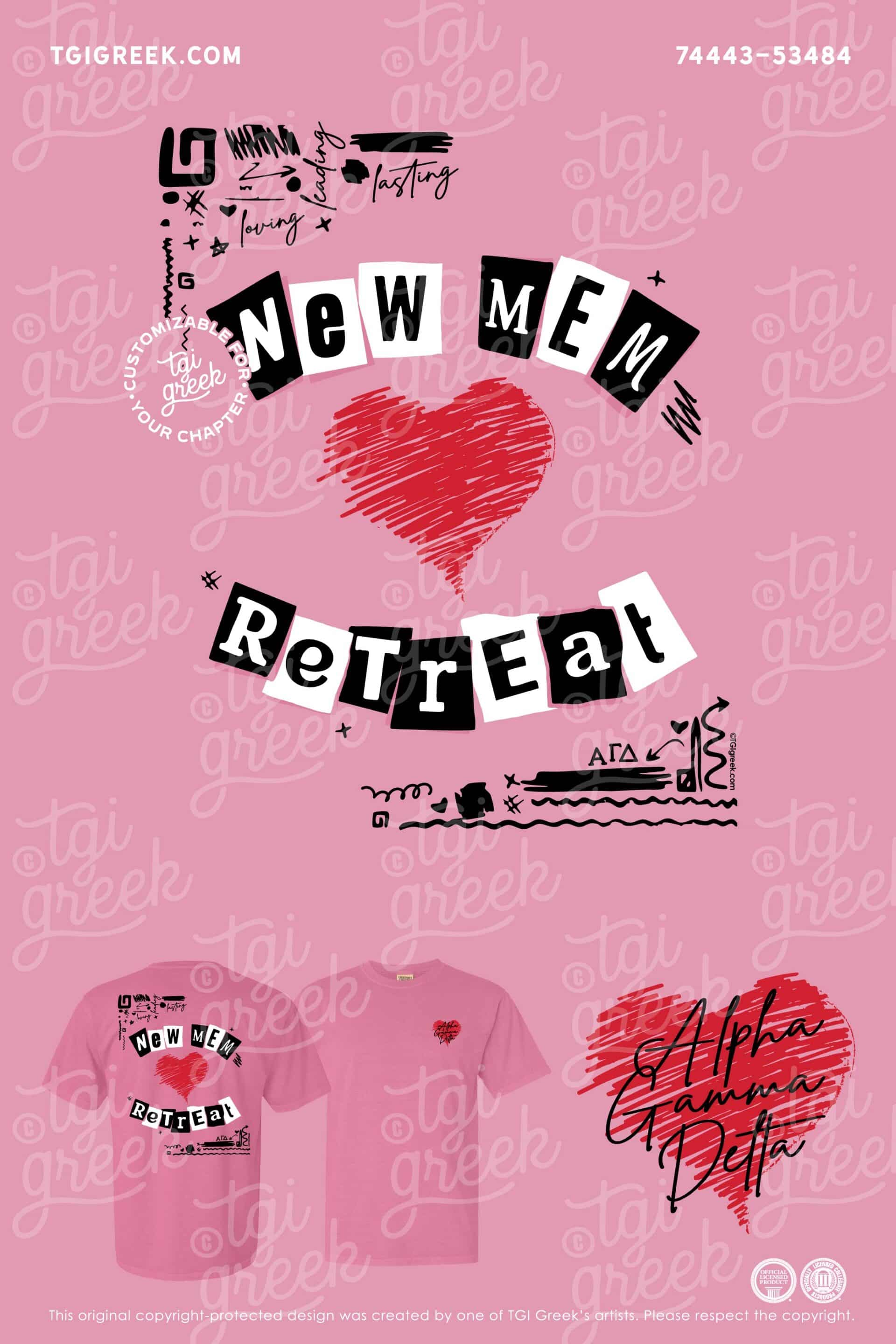 Alpha Gamma Delta New Member Retreat Pink Shirt with Black and White Block Letters and Red Hearts