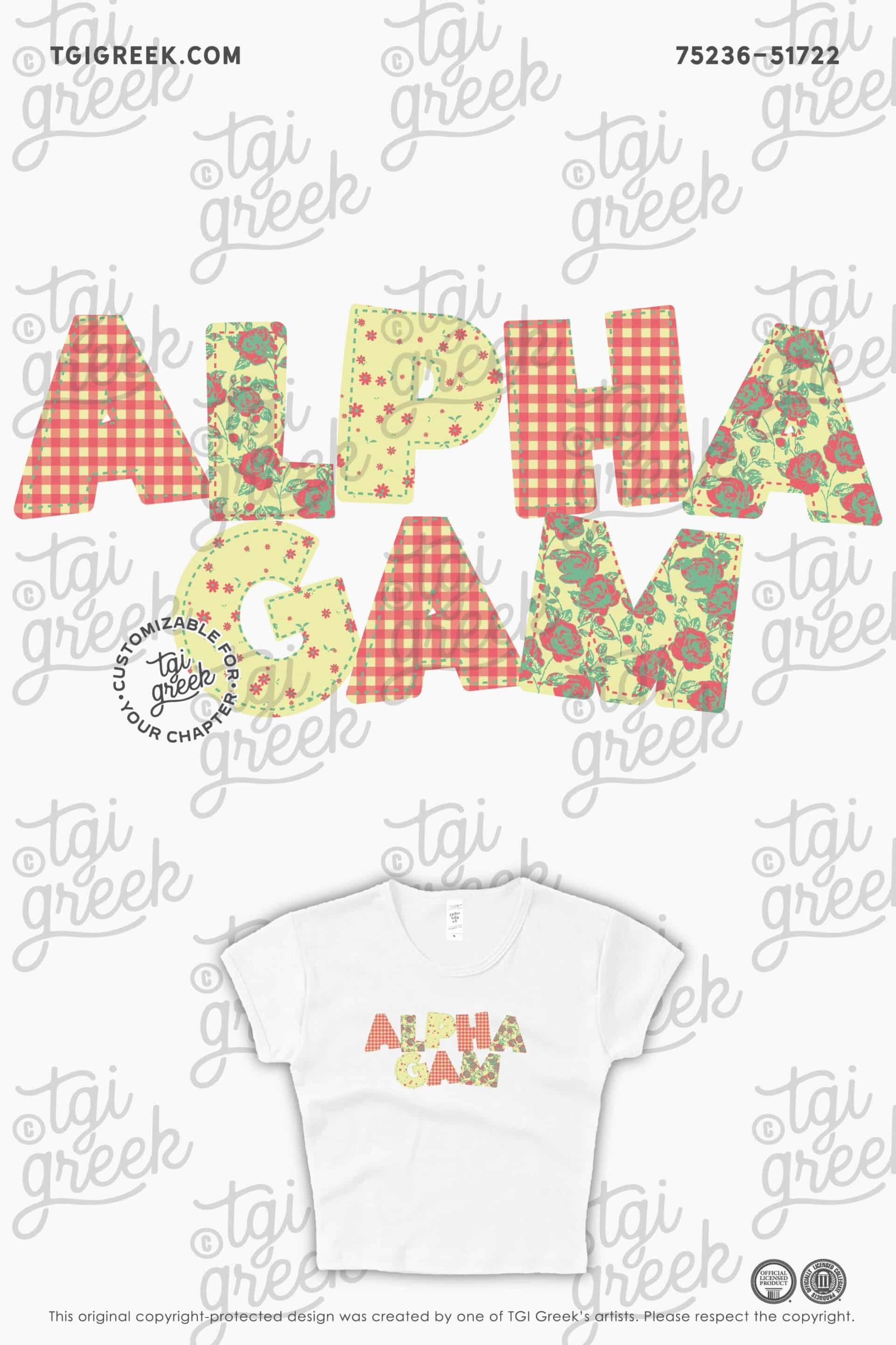 Texas State University Alpha Gamma Delta PR Week Baby Tee with Patchwork Floral Letters