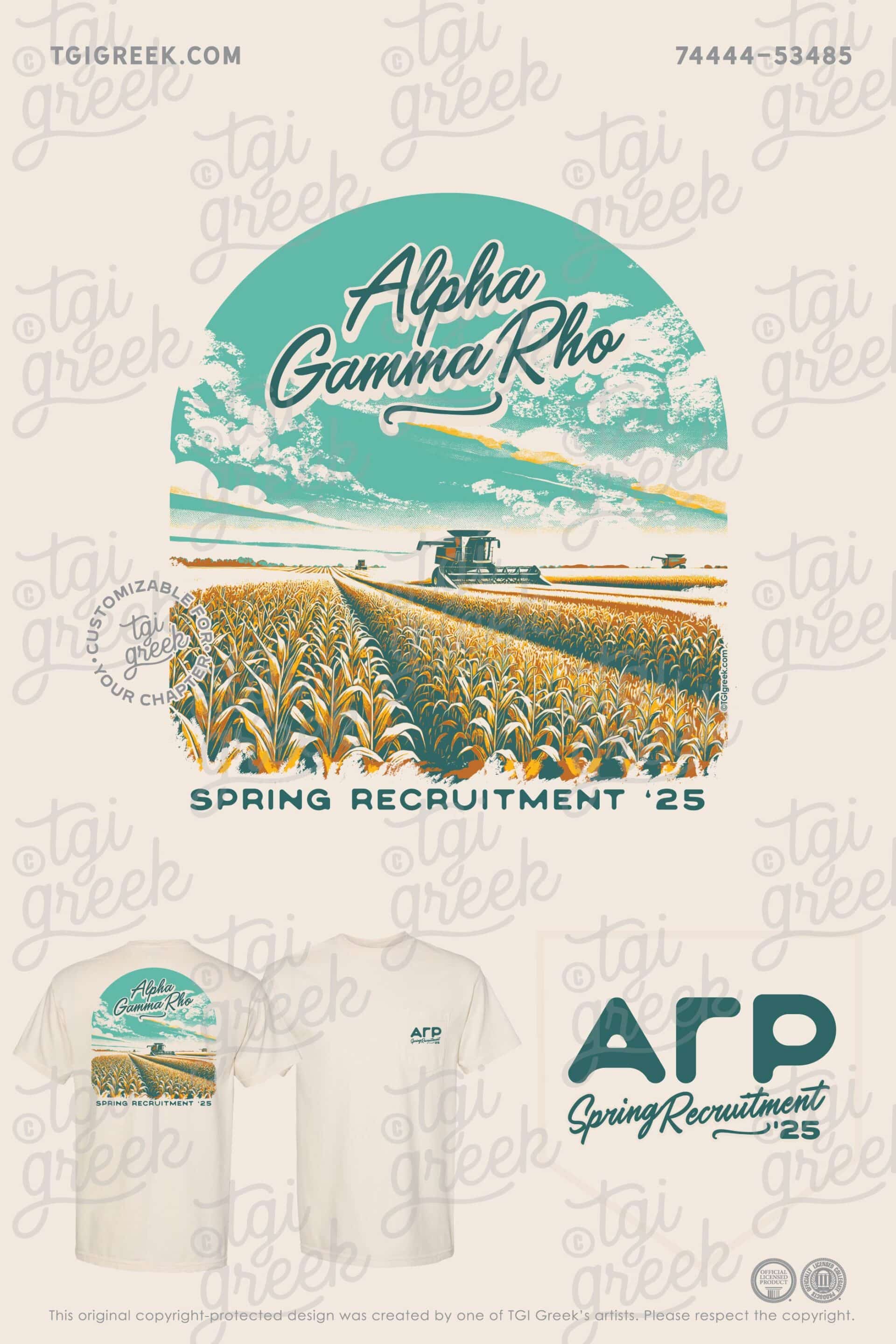 Alpha Gamma Rho Spring Recruitment Shirt with Corn Fields, Tractor, Blue Sky with Clouds on and Ivory tshirt