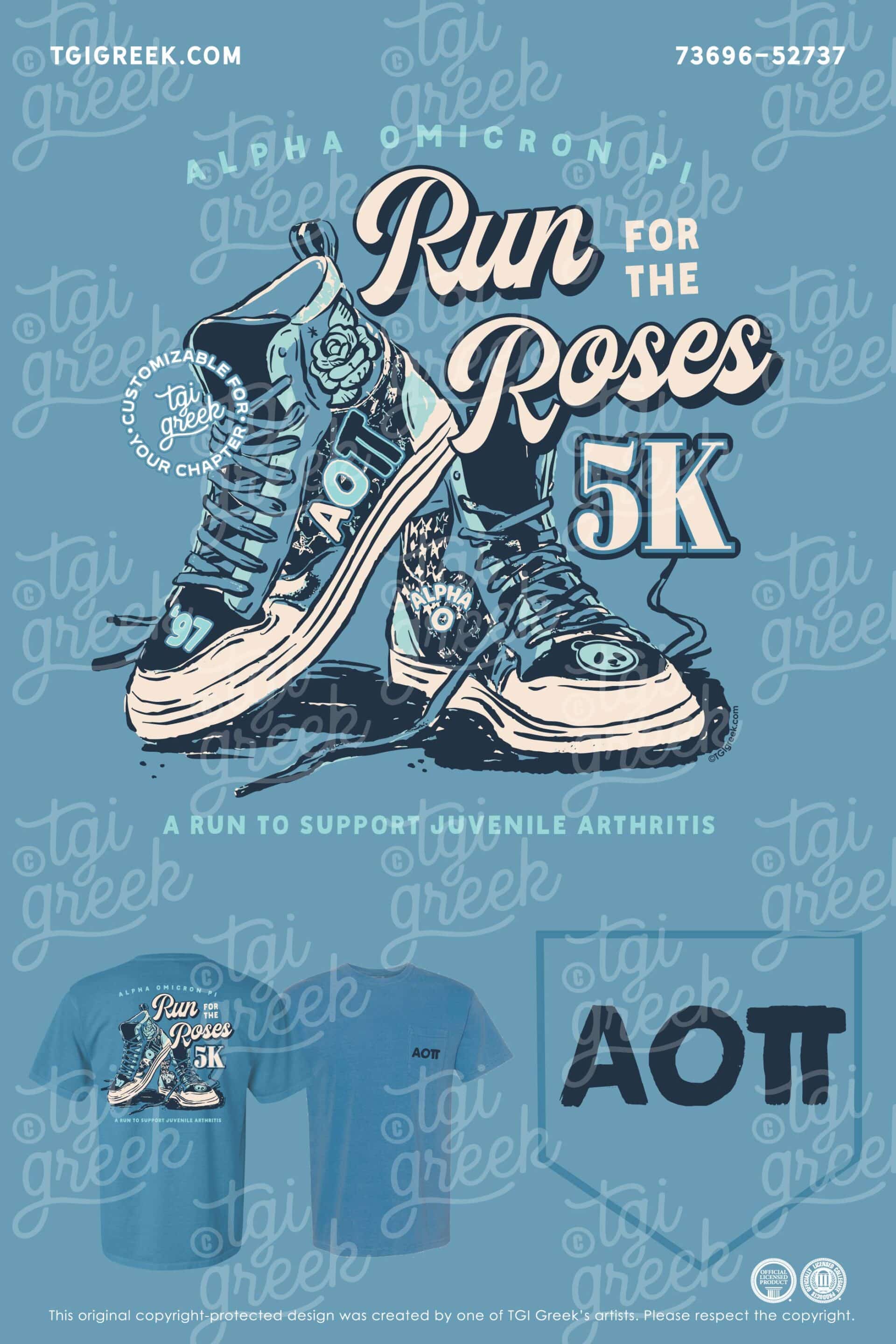 Alpha Omicron Pi University of Arkansas Fort Smith Philanthropy Shirt Blue with Sneakers for Run for Roses 5k Charity Event