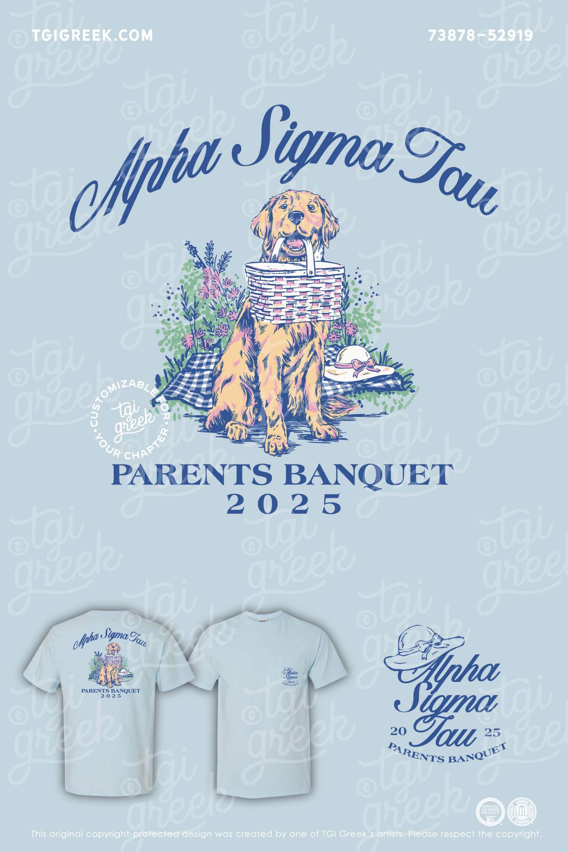 James Madison University Alpha Sigma Tau Parents Banquet Shirt With Dog Holding Picnic Basket Picnic Blanket and Flowers