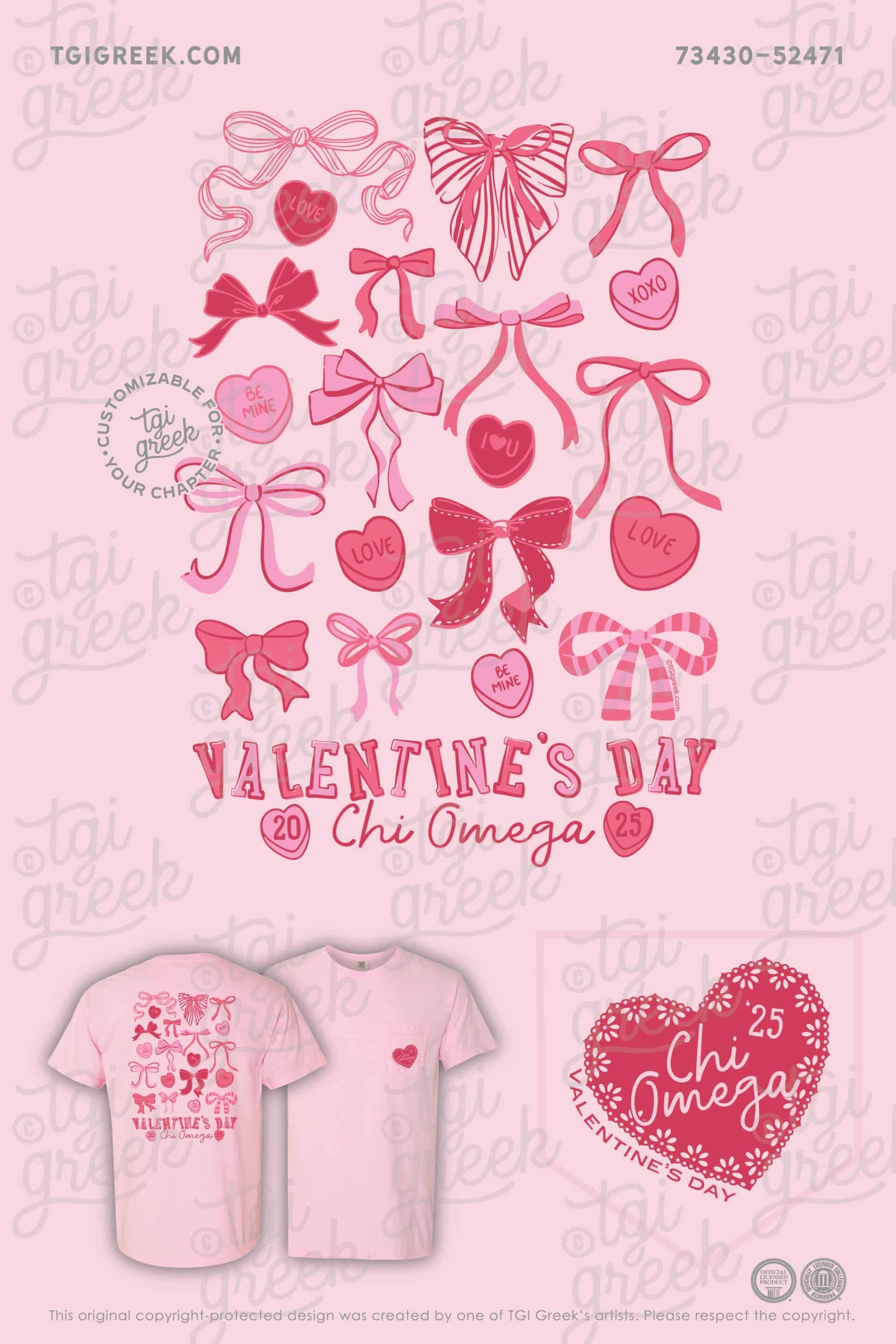 Georgia Southern University Chi Omega Valentine's Day Pink Tshirt with Candy Hearts and Bows