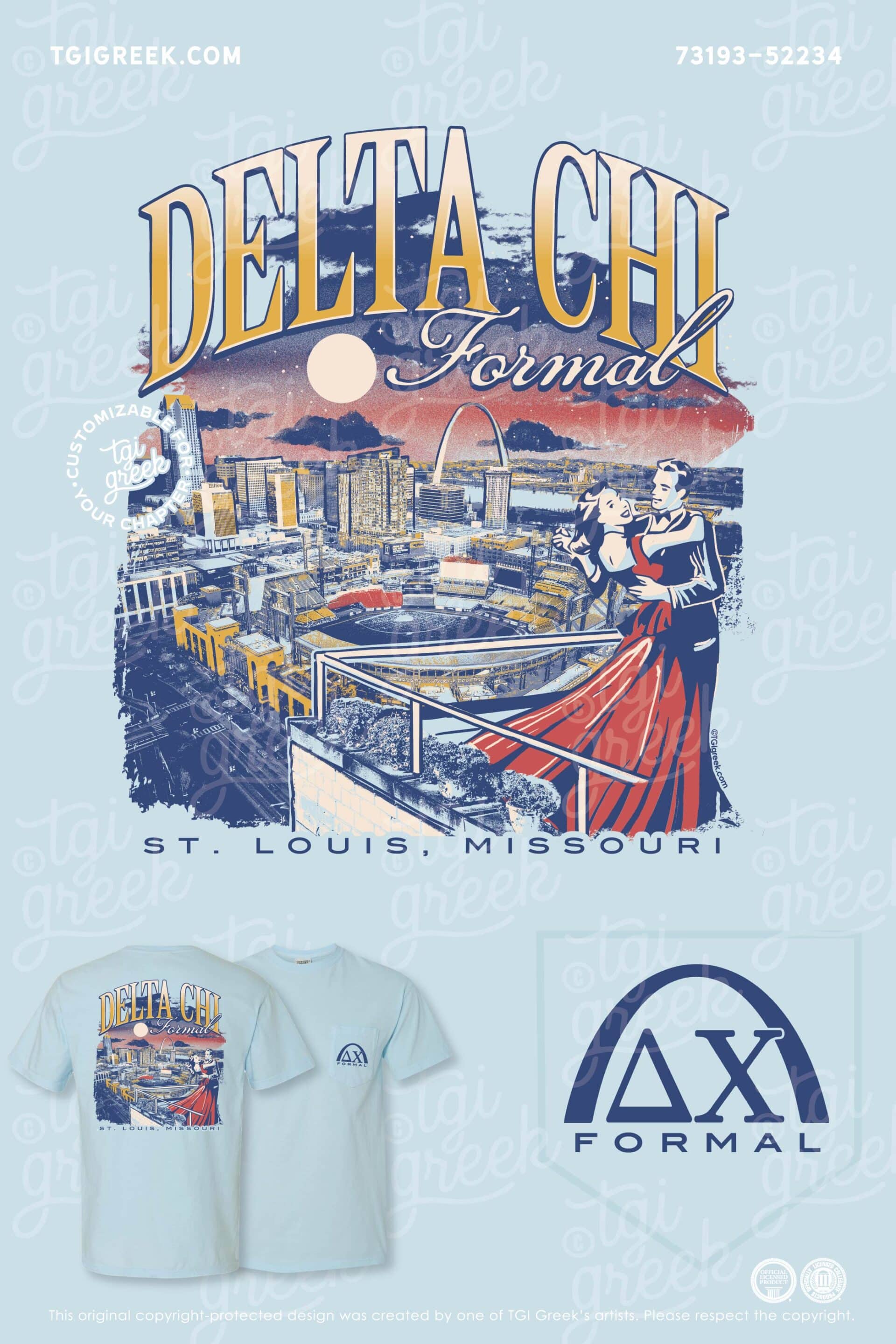 Southern Arkansas University Delta Chi Formal Shirt with Cityscape of St. Louis Missouri with couple dancing