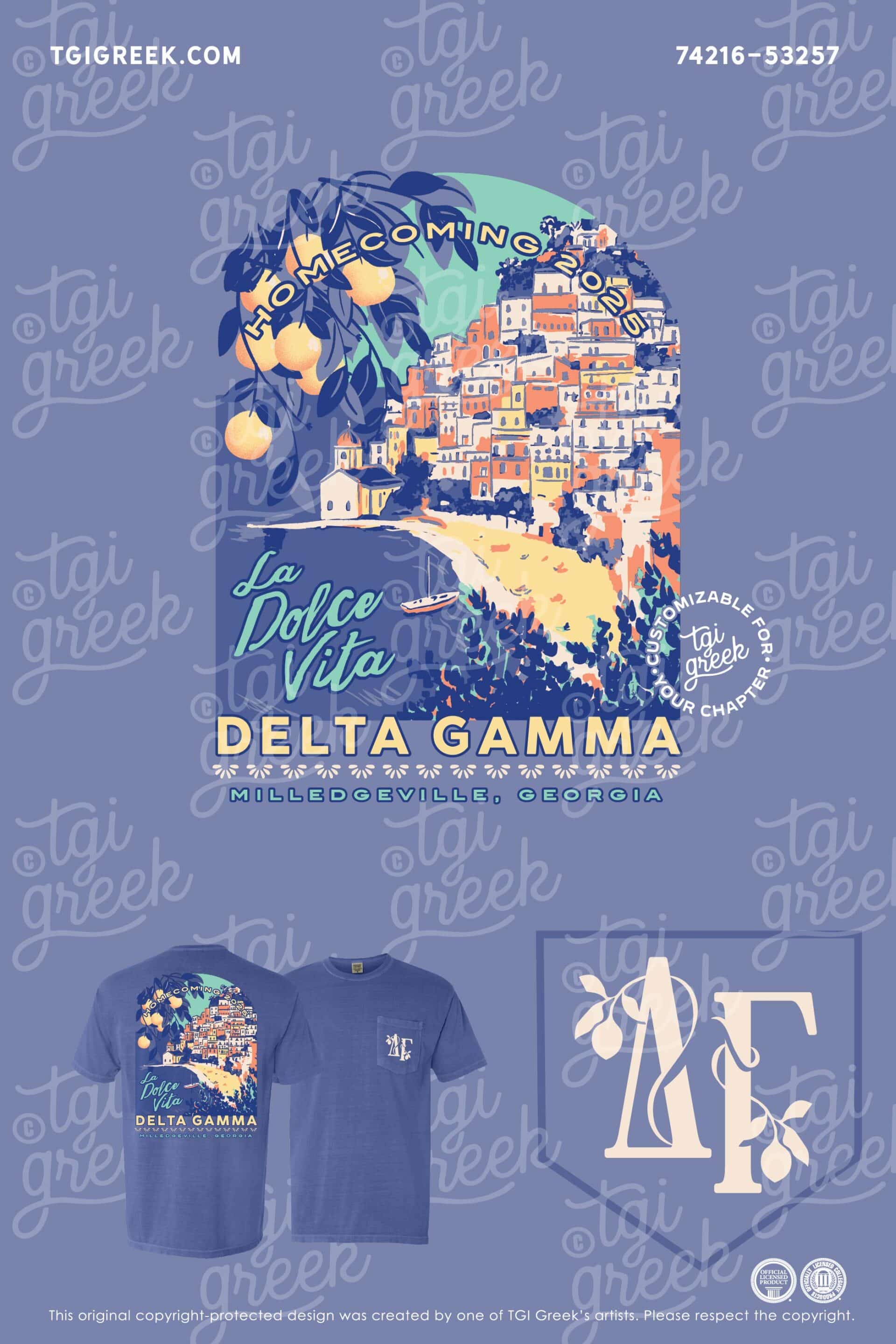 Delta gamma Homecoming Shirt with a beach scene houses lemon tree ocean boats