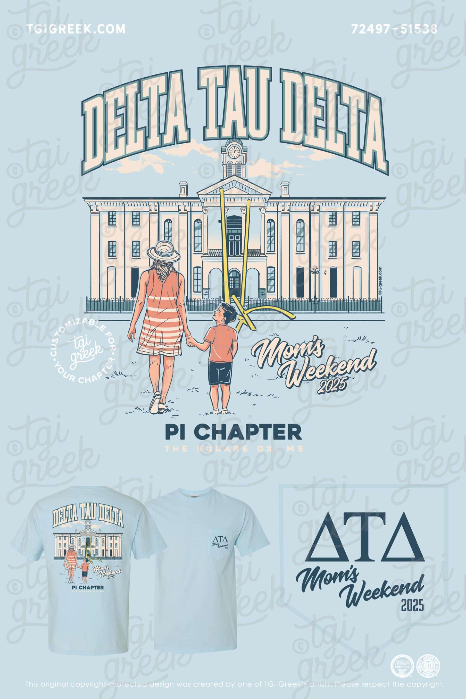 Delta Tau Delta Mom's Weekend Pi Chapter Blue Shirt with Mom and Child