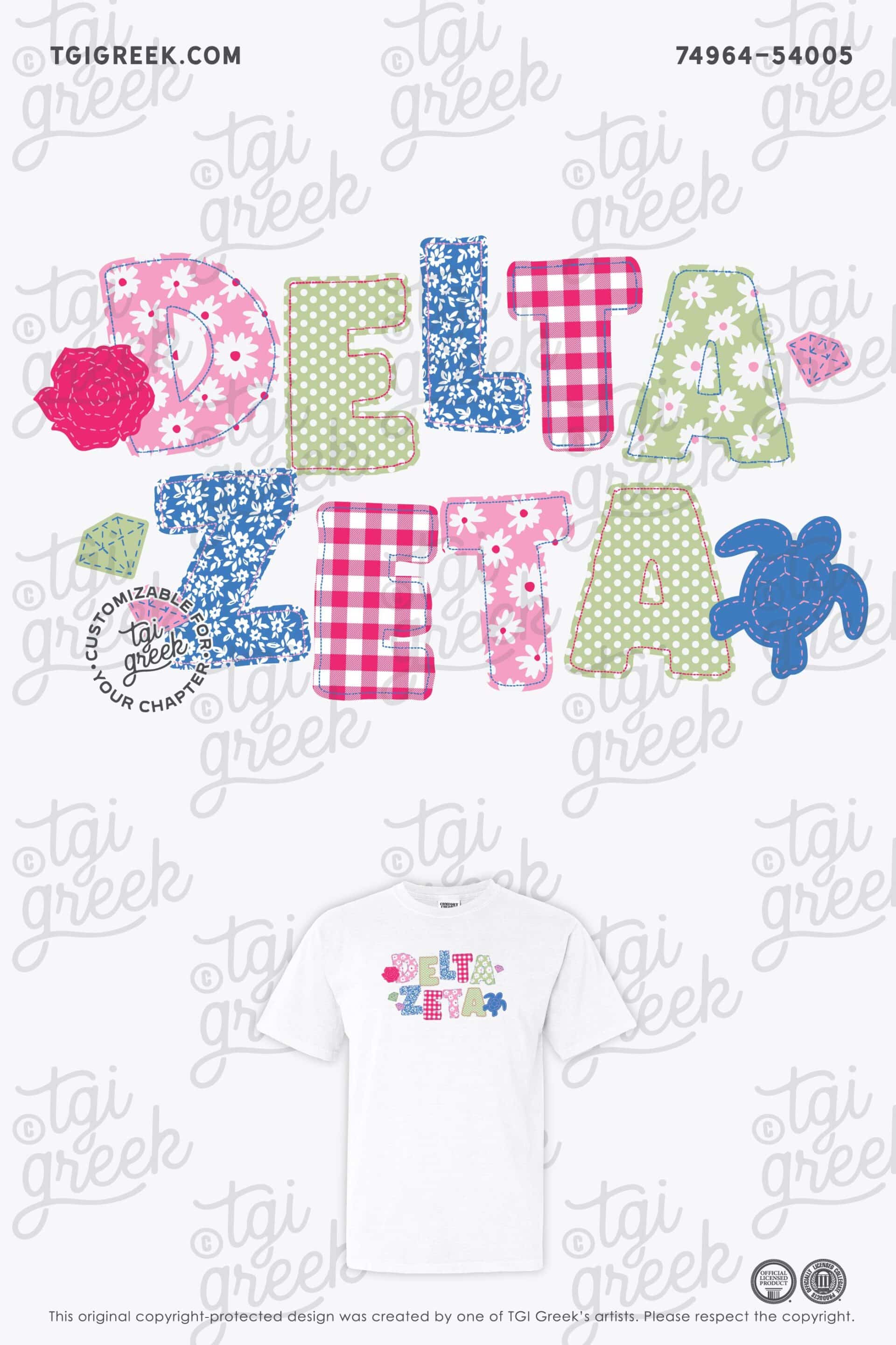 Delta Zeta Angelo State University Recruitment Tshirt with Patchwork Sea Turtle Rose Diamond Block Letters