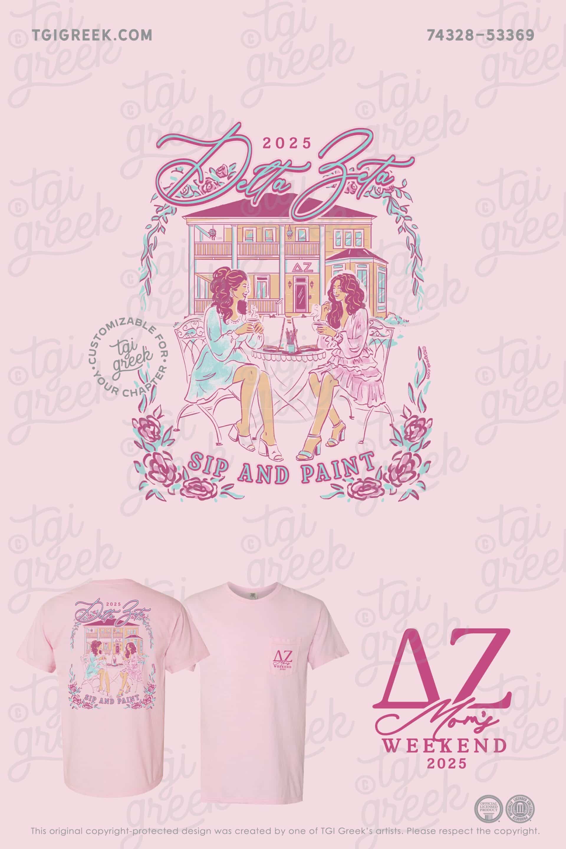 Texas State University Delta Zeta Mom's Day Shirt with Mom and Daughter Sitting in front of Delta Zeta Chapter House with Flowers Around