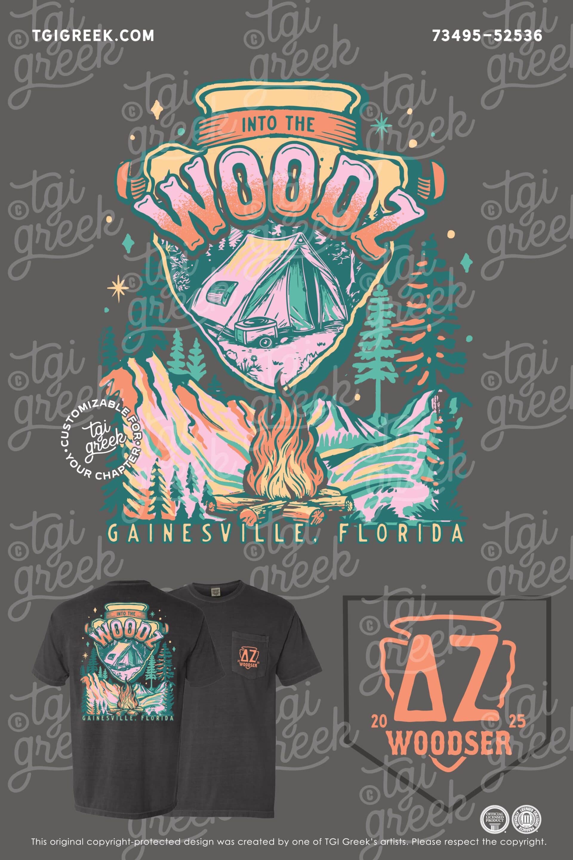 University of Florida Delta Zeta Gainesville Florida Into the Woodz Date Party Shirt with Cabin, Pine Trees, Mountains, Campfire, Firewood, Arrowhead