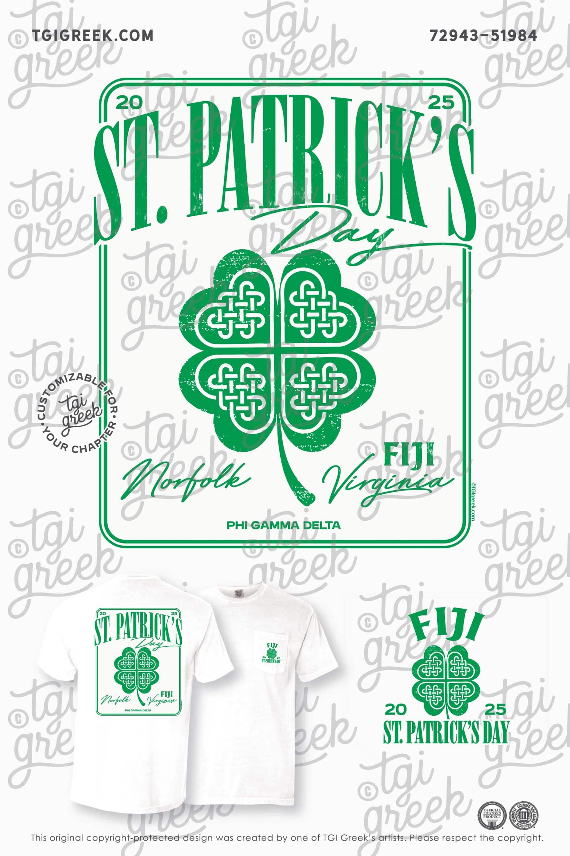 Old Dominion University Phi Gamma Delta St Patricks Day Shirt with Four Leaf Clover and FIJI
