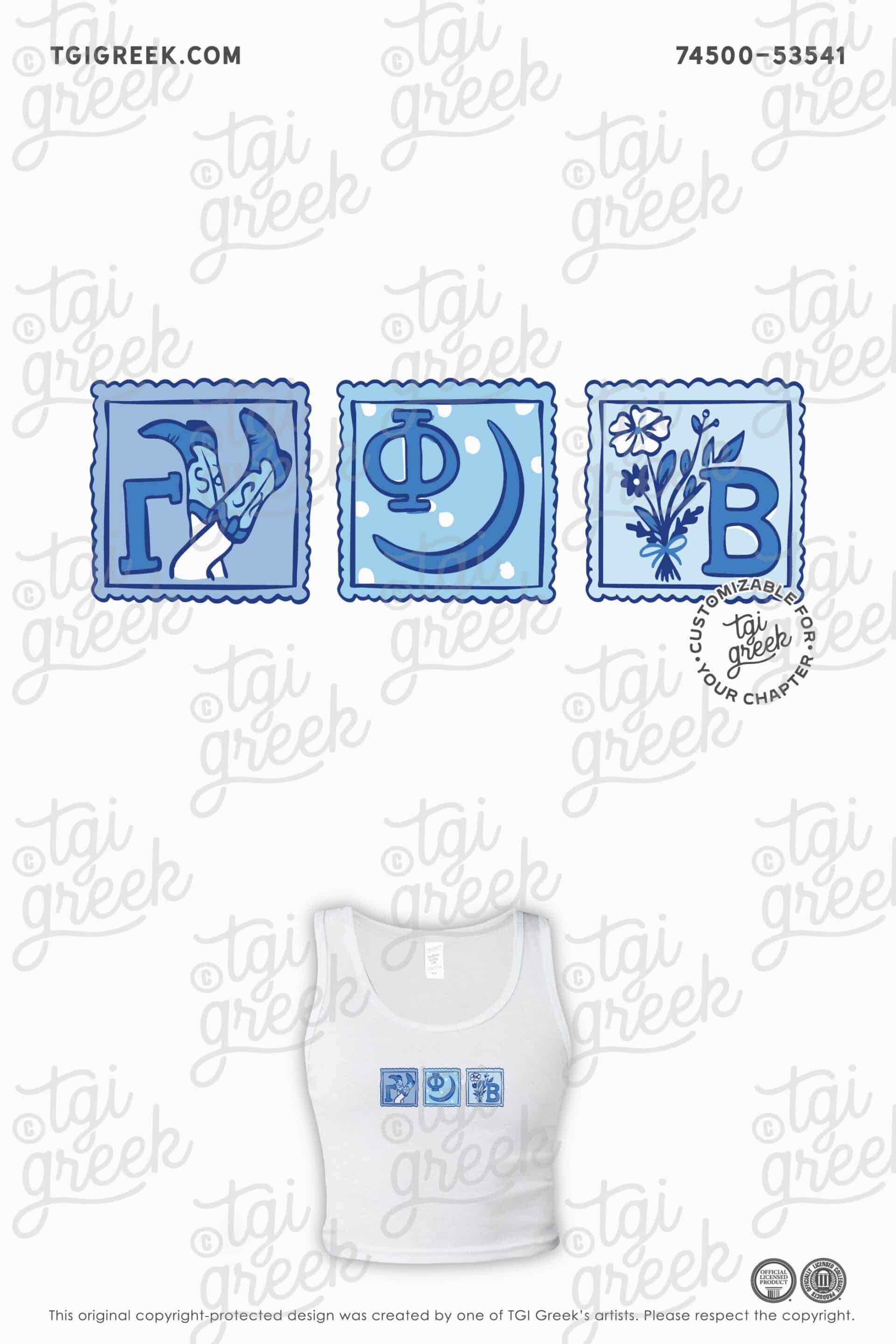 Gamma Phi Beta Texas Christian University Sorority PR Tank Top with Postage Stamp Design of Greek Letters Flowers Cowboy Boot