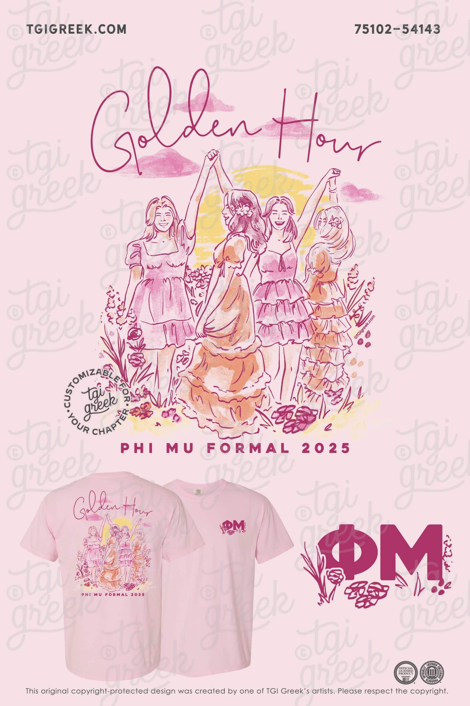Northwestern State University Phi Mu Formal Pink Shirt with Girls Dancing in Flower Garden Wearing Dresses at Sunset