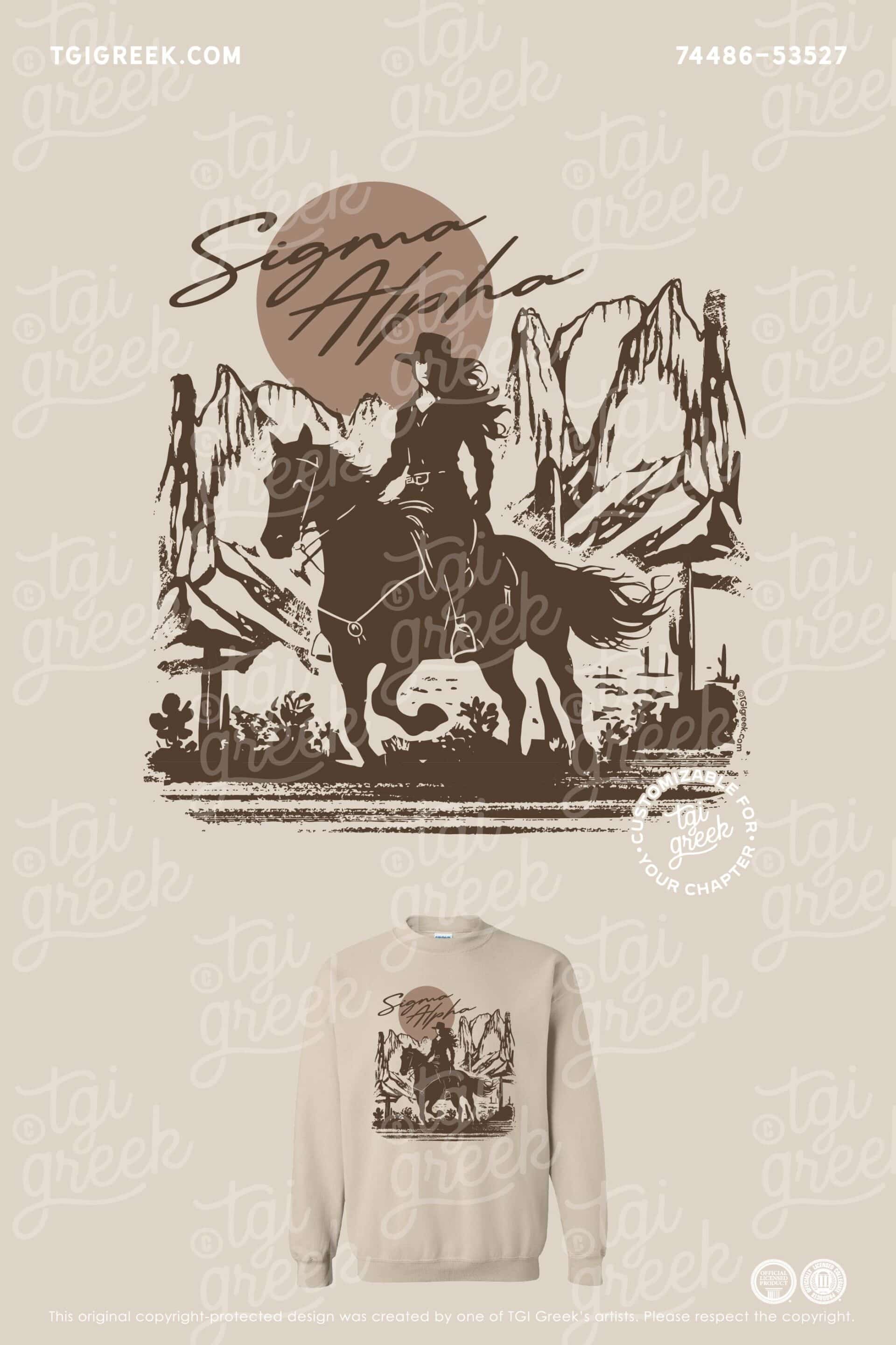 Sigma Alpha Brown Sweatshirt Design with Mountain Range and Cowgirl on Horse