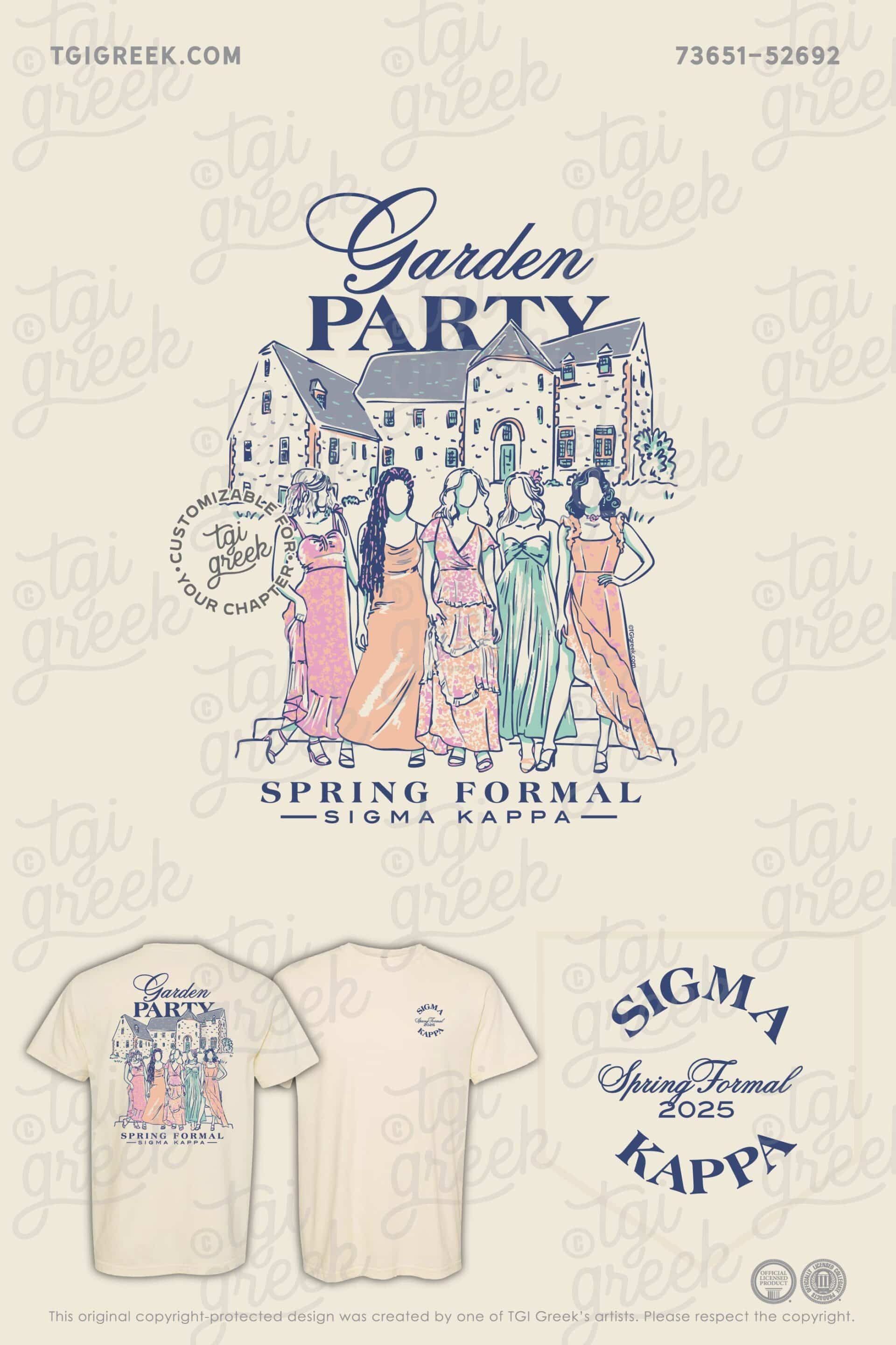 Iowa State University Sigma Kappa Spring Formal Garden Party Ivory shirt with five girls in dresses in front of a brick building
