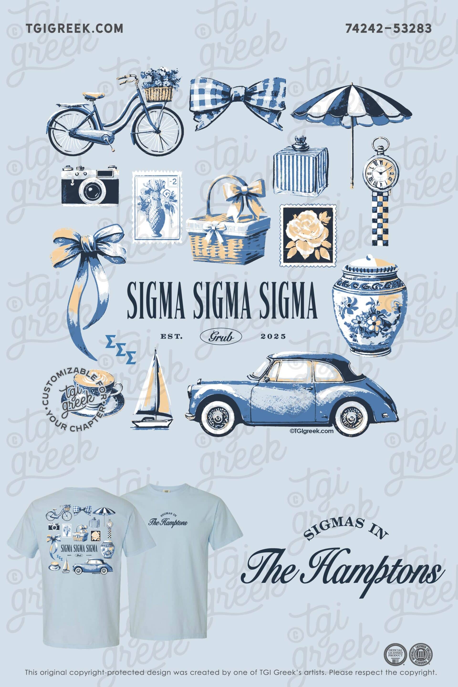 Sigmas in the Hamptons TriSig Shirt with Umbrella Bicycle Car Boat Ribbons Bows Cameras Vintage Design