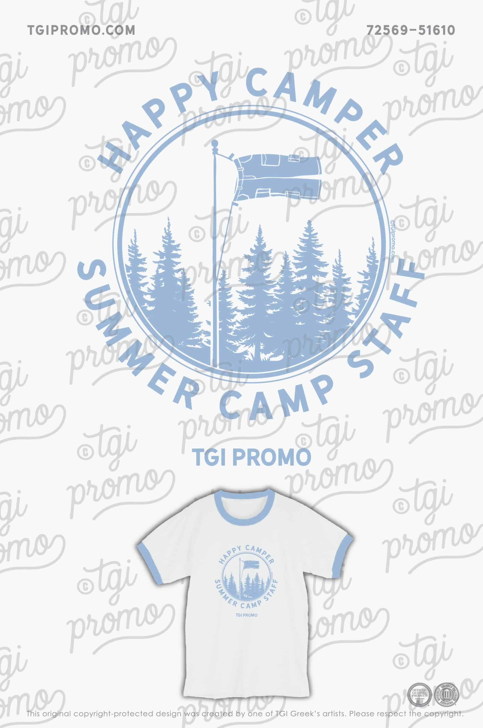 Happy Camper Summer Staff Shirt White and Light Blue ringer Tee with Flag Pole and Woods Trees