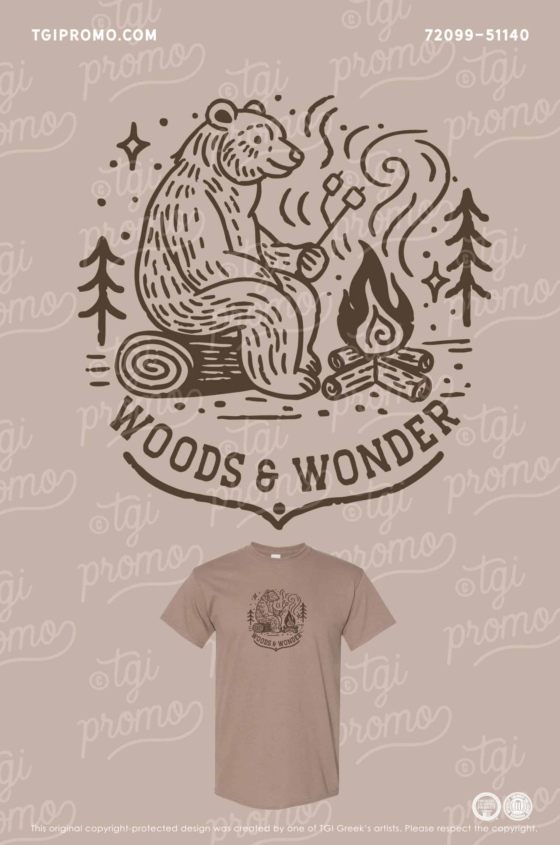 Brown Camp Tshirt with bear toasting marshmallows over campfire in the woods with stars and trees
