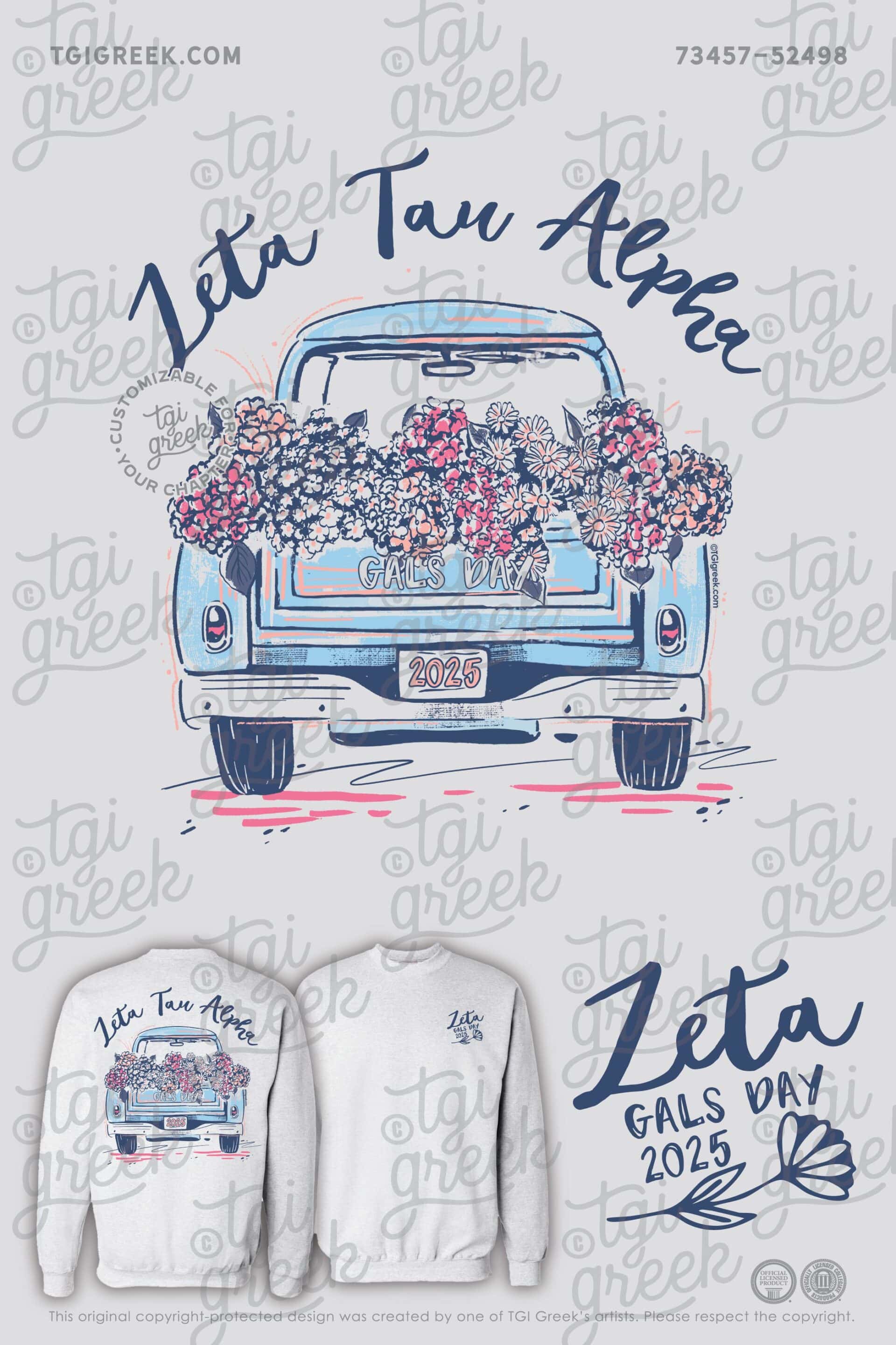 Zeta Tau Alpha Gals Day Sweatshirt with Classic Car and Flower Bunches