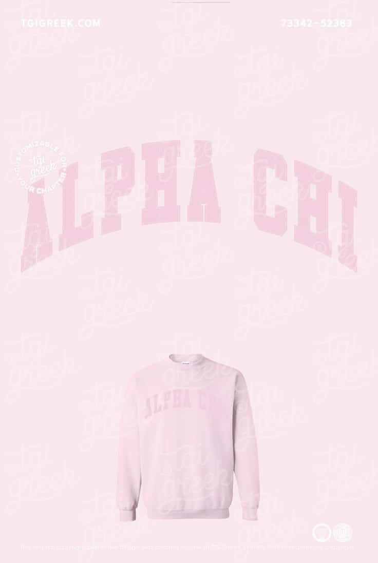 Pink Alpha Chi Omega custom crewneck sweatshirt with pink on pink stitch lettering