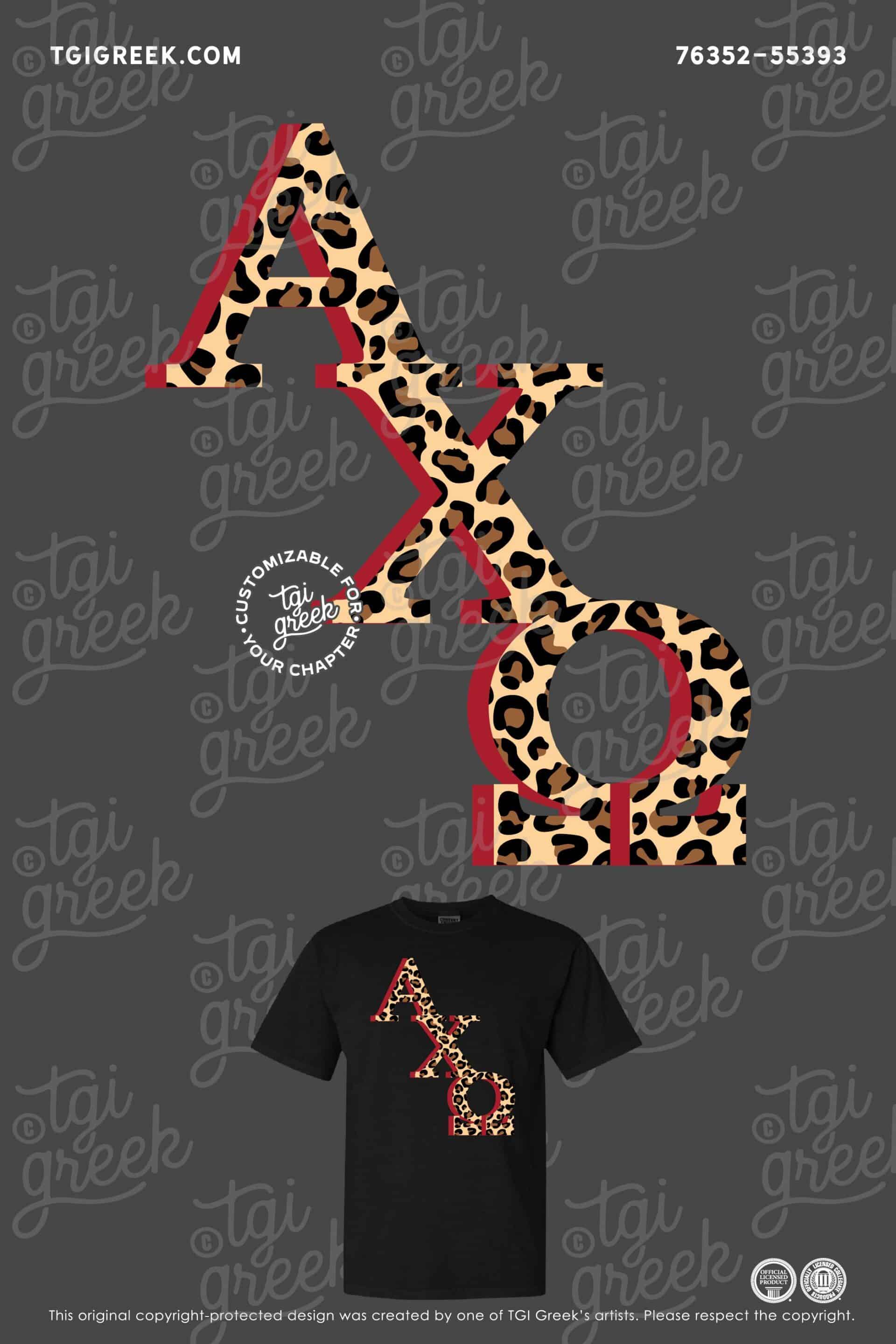 Black tshirt made for Alpha Chi Omega work week featuring the sorority greek letters in a diagonal across the front with cheetah print and a red shadow design