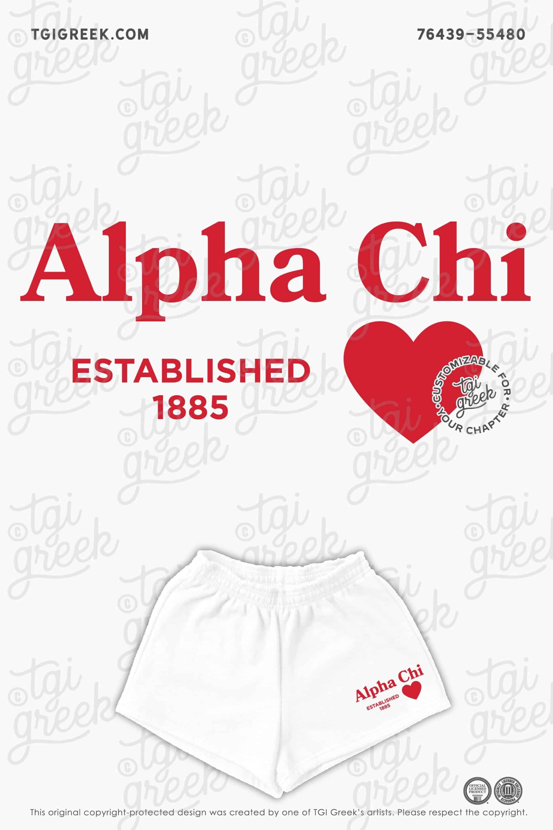 Matching Set Sweat Short Bottoms for Alpha Chi Omega. White shorts with red text and a red heart
