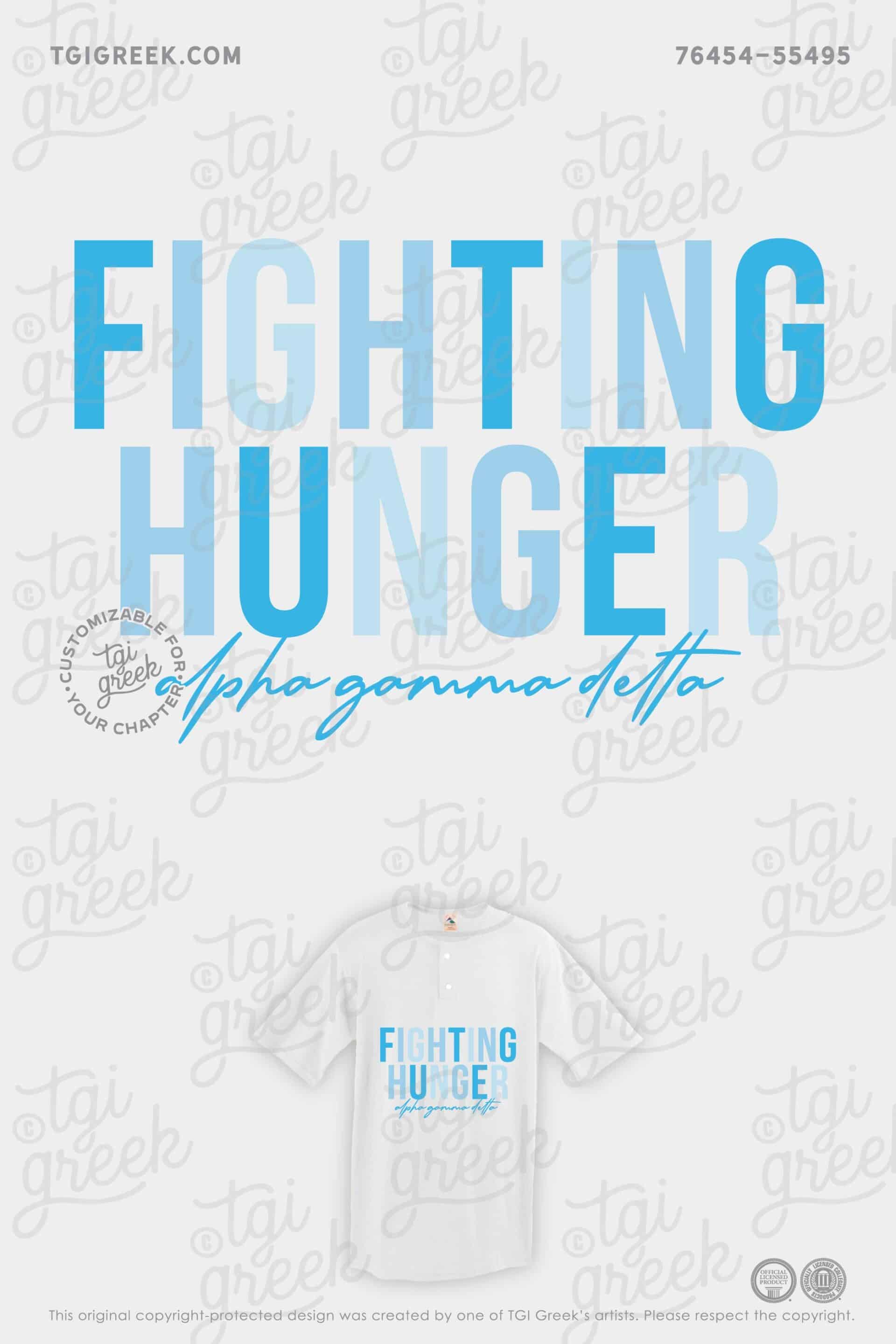 Fighting Hunger Philanthropy tshirt custom designed for Alpha Gamma Delta Sorority featuring text in shades of blue