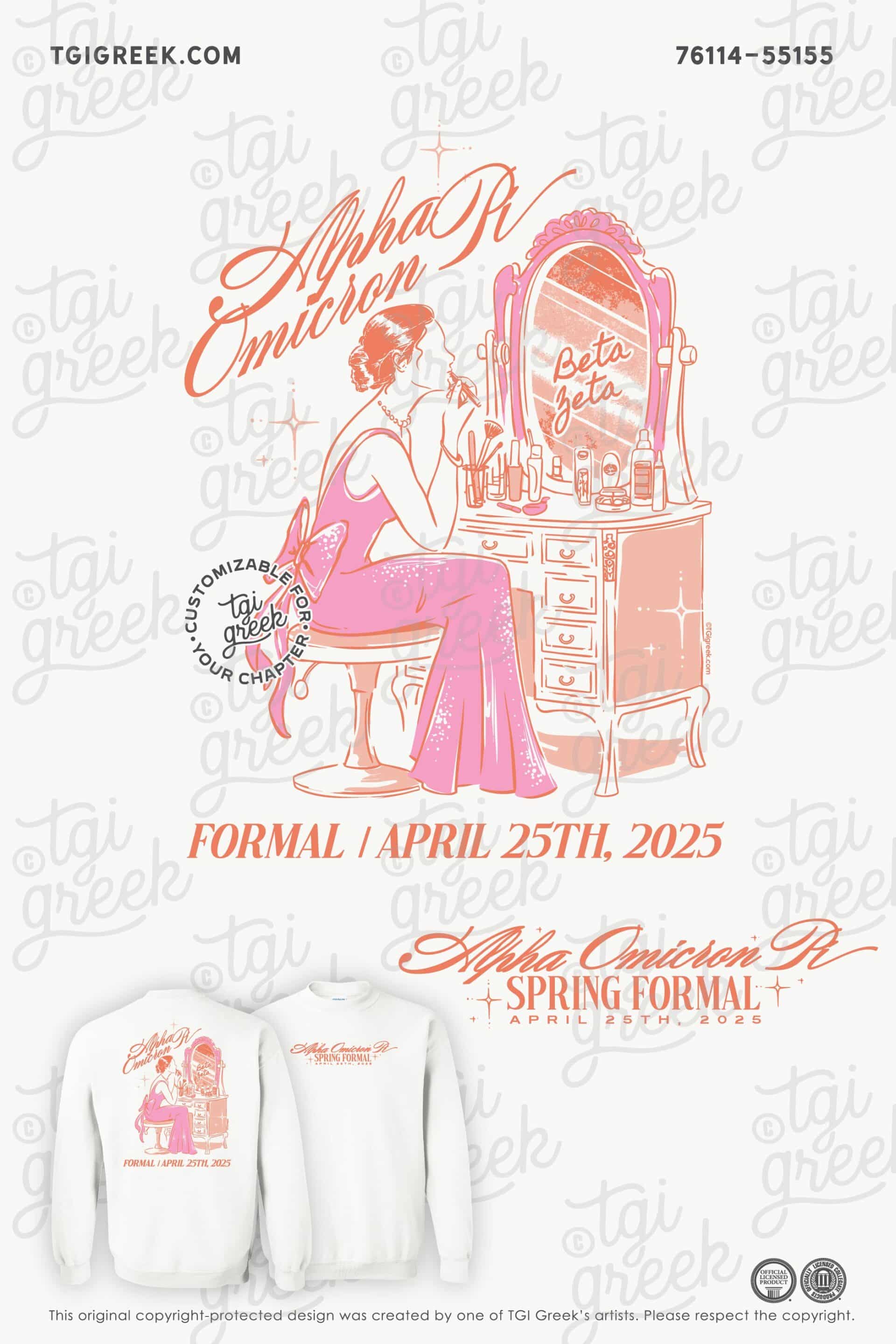 White Crewneck Sweatshirt for Spring Formal event for Alpha Omicron Pi with a Girl in a dress putting on makeup in front of a vanity mirror