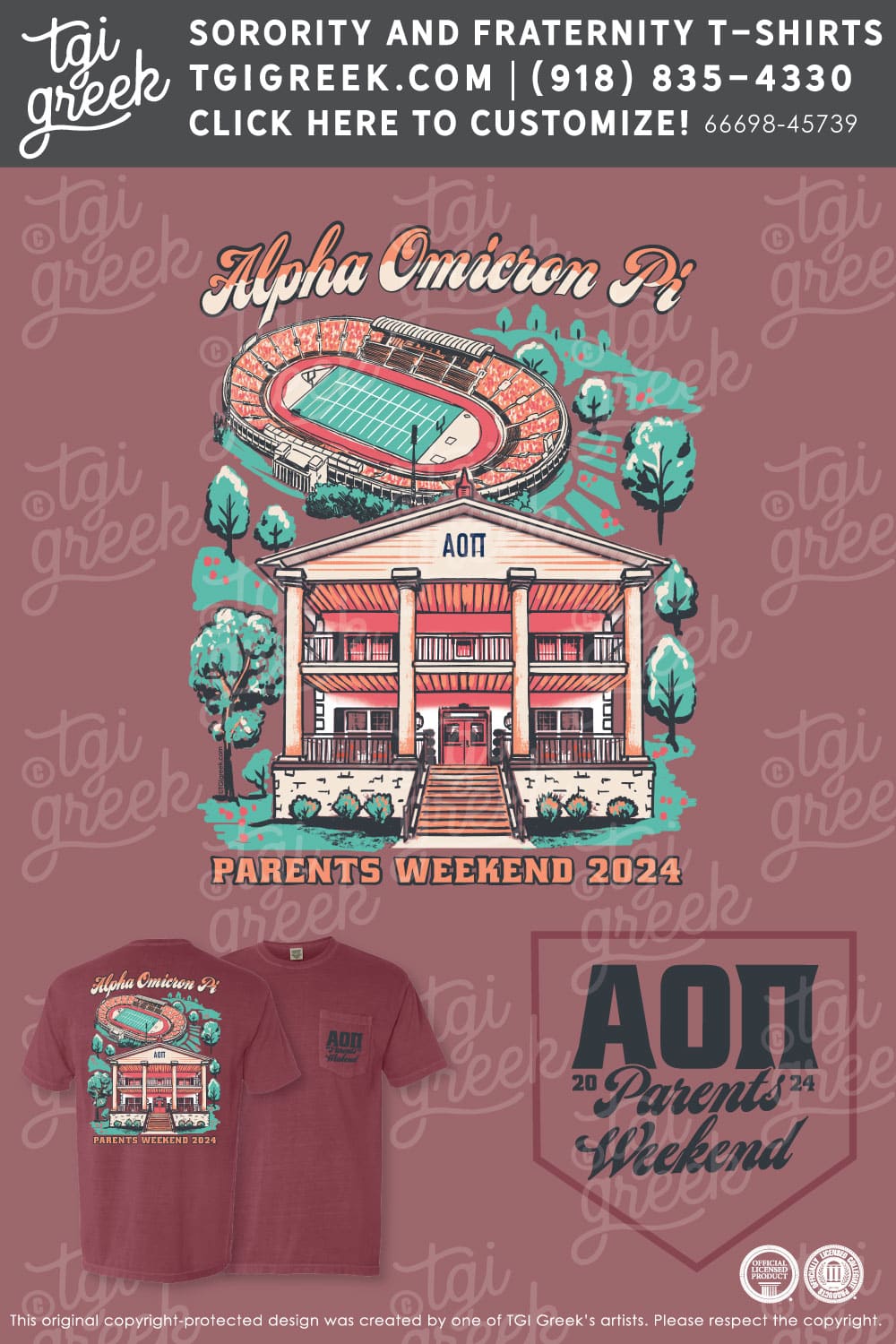 Crimson Tshirt Custom Made of Alpha Omicron Pi Parents Weekend with Football Stadium and Sorority House