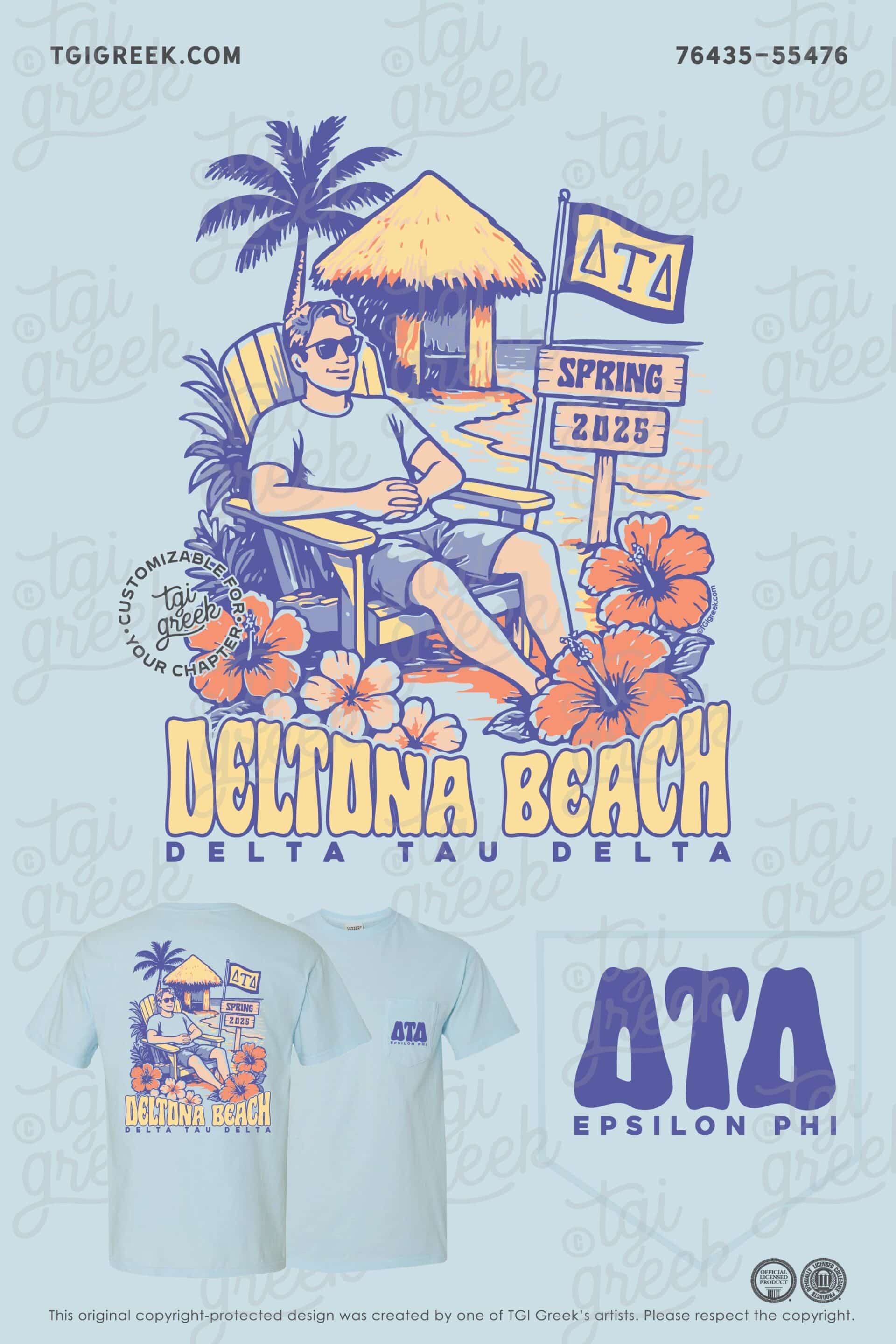 Custom Tshirt designed for Delta Tau Delta Beach Date Party Formal called Deltona Beach with a Man Lounging in a chair with sunglasses on the beach