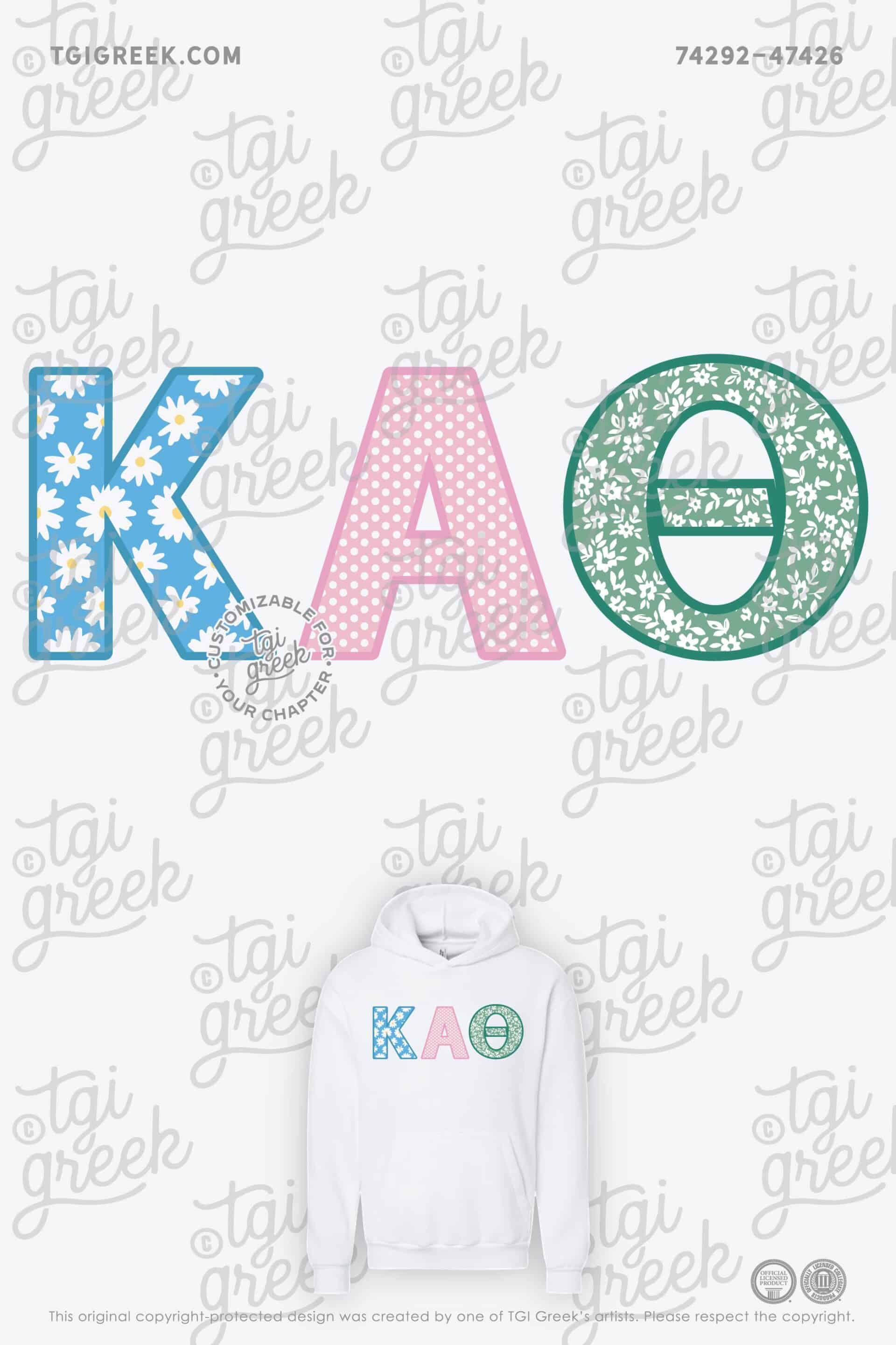 White hoodie created for Kappa Alpha Theta PR with a patchwork embroidered applique design with polka dot and flowers