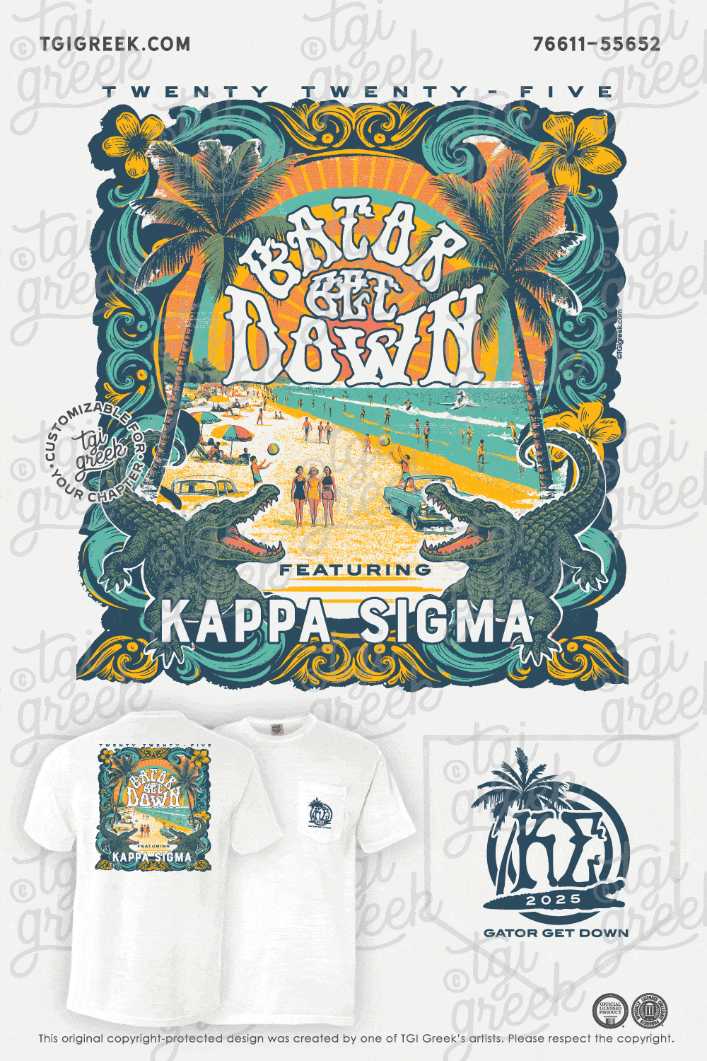Tshirt made for Kappa Sigma Fraternity Formal Event Called Gator Get Down featuring a beach scene with gators, oceanside view, and palm trees.