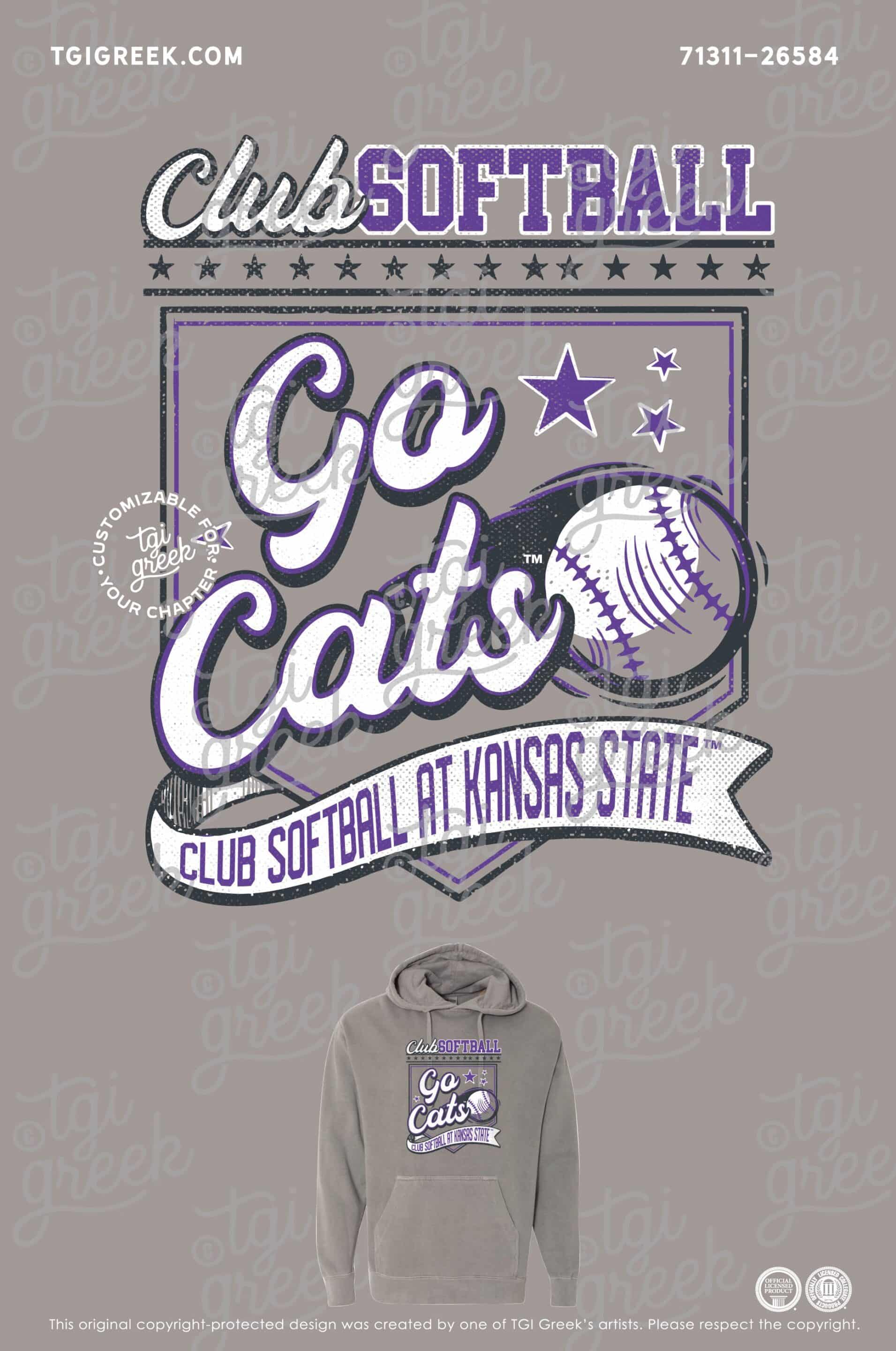 Kansas State Club Softball Hoodie that says Go Cats with a softball on the front. Purple and white design