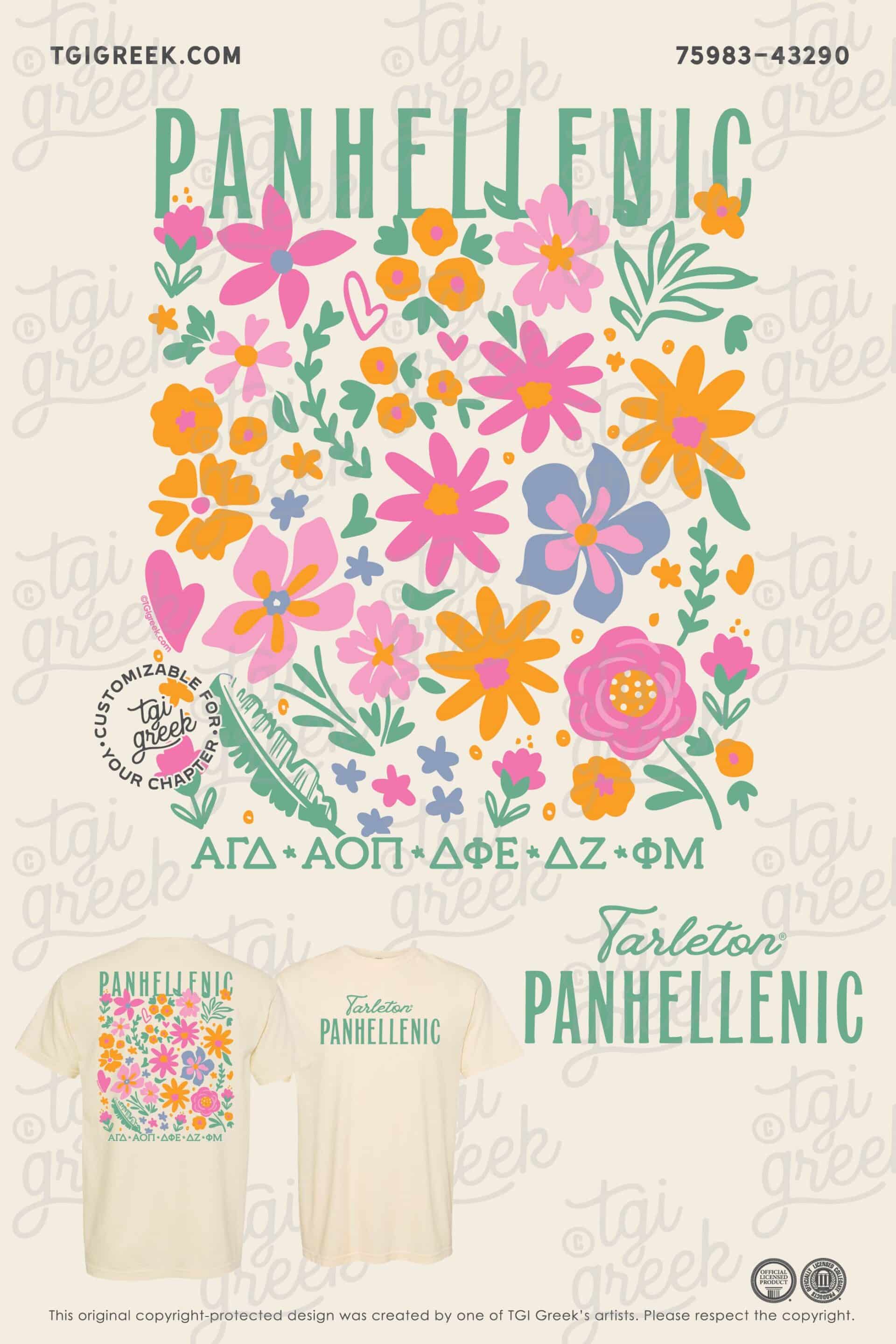 Spring PR shirt designed for Panhellenic council at Tarleton State with a collage of flowers in bright colors on the back