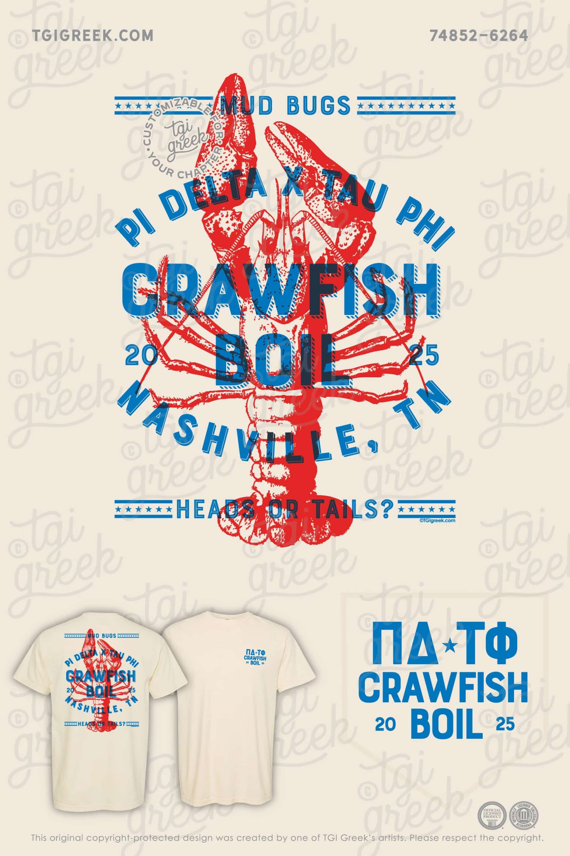 Custom shirt designed for Pi Delta Fraternity at Lipscomb University for a Crawfish Boil featuring a large crawfish on the back and a nautical color scheme