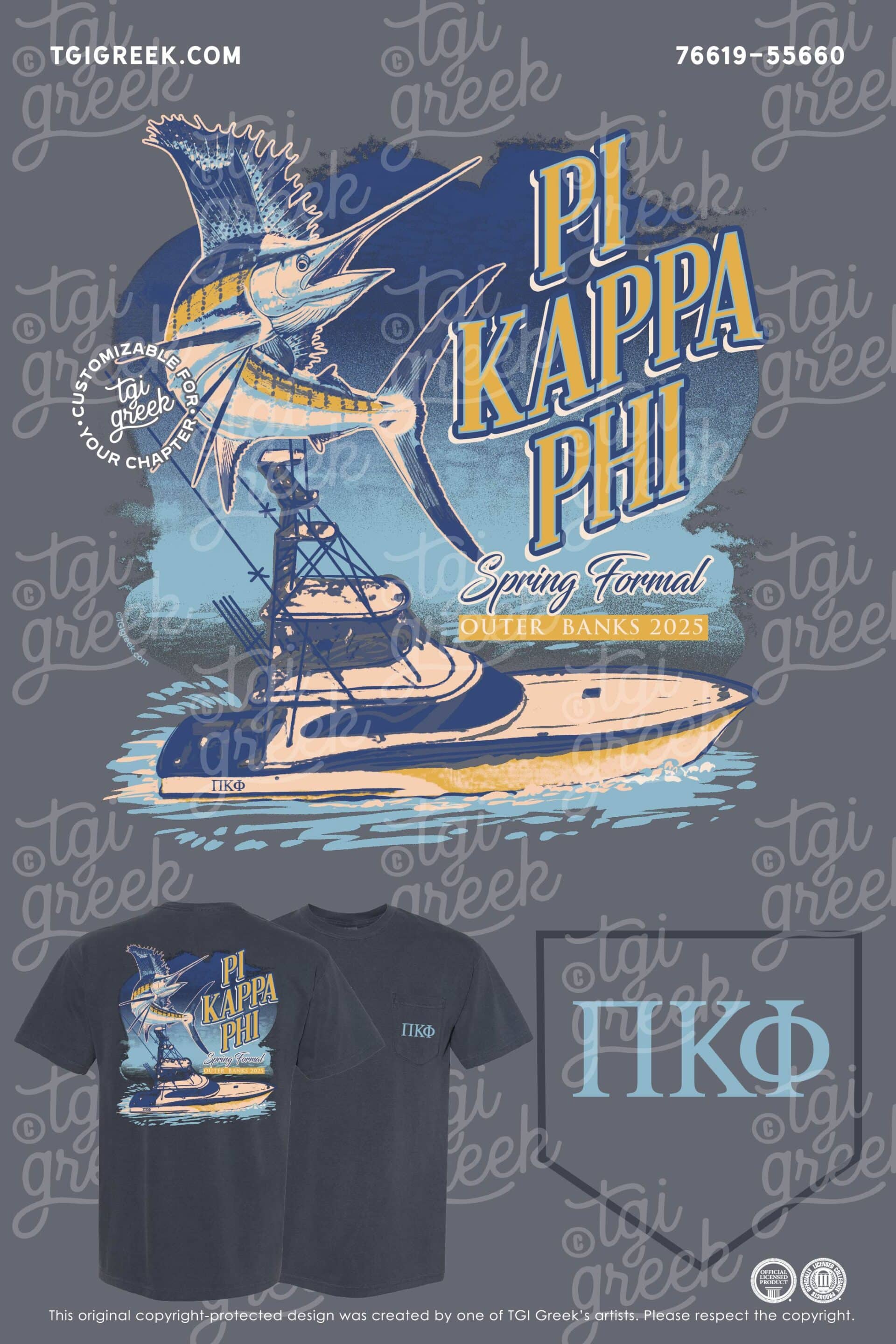 Custom Spring Formal Tshirt Designed for Pi Kappa Phi Spring Formal with a Speed Boat and A Large Fish