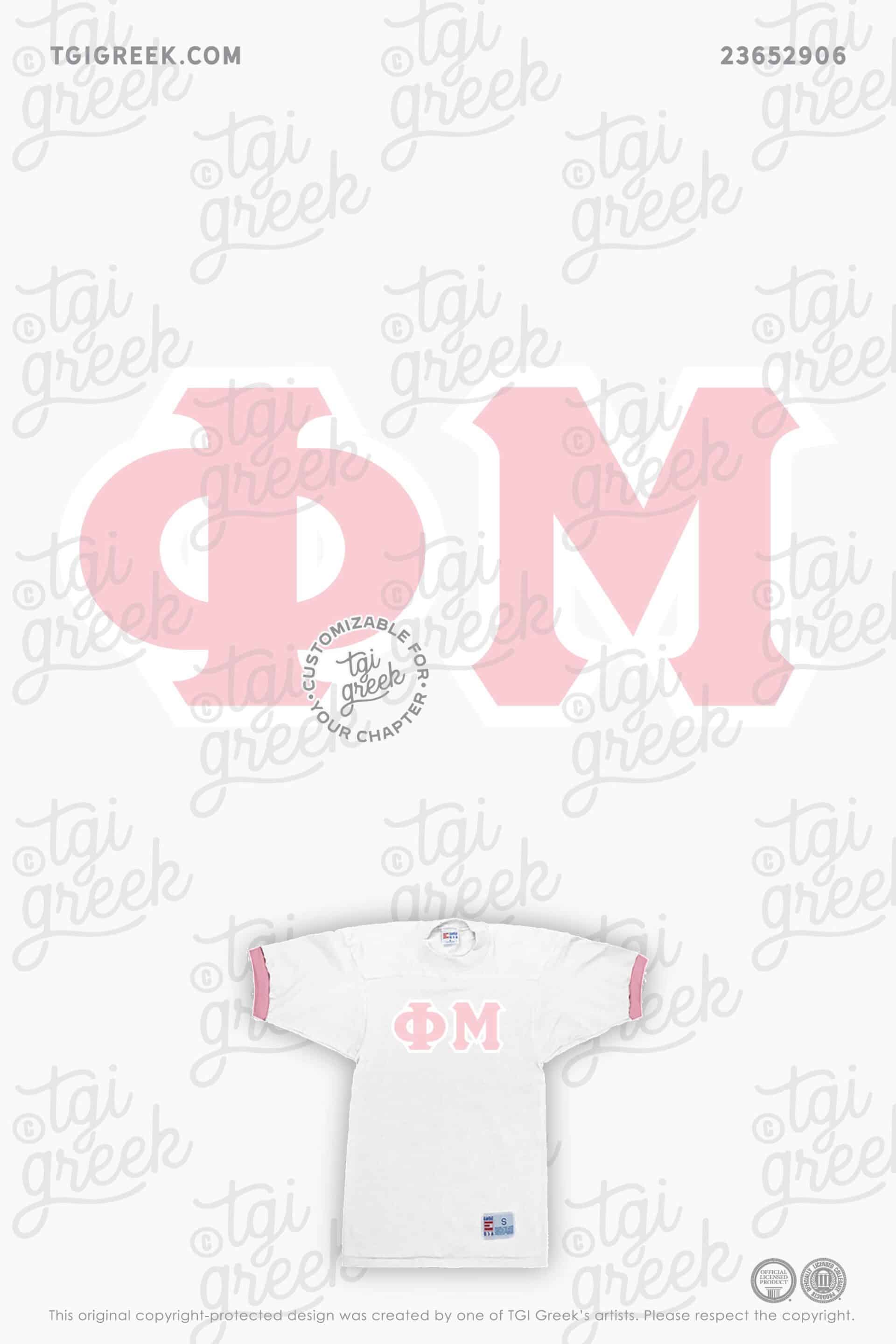 Bid day recruitment vintage football jersey designed for Phi Mu sorority with a white and pink ringer tee and patch applique greek letters