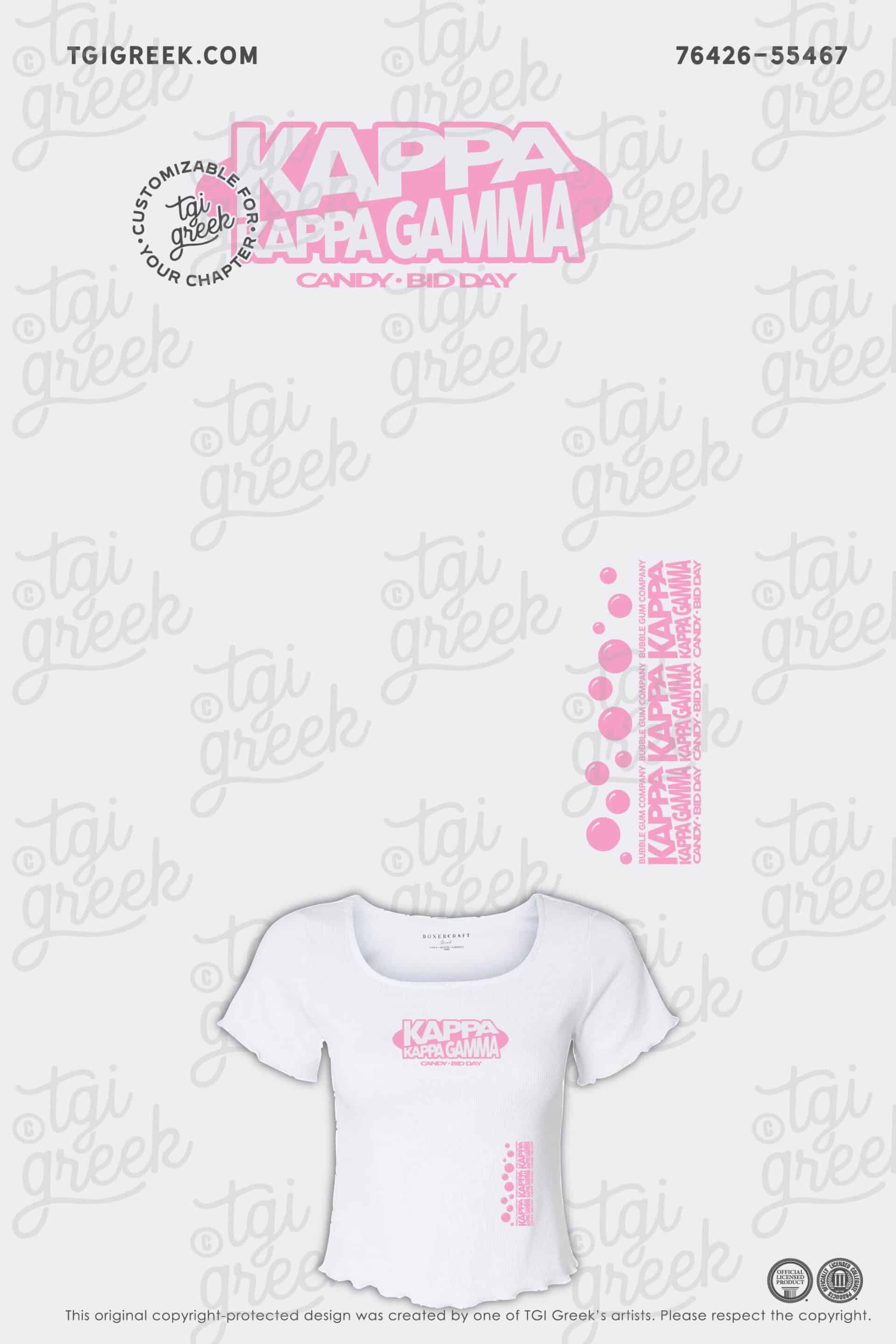White baby tee with ruffle lettuce trim edges featuring a dum dum candy design with pink letters and bubbles for Kappa Kappa Gamma Bid Day