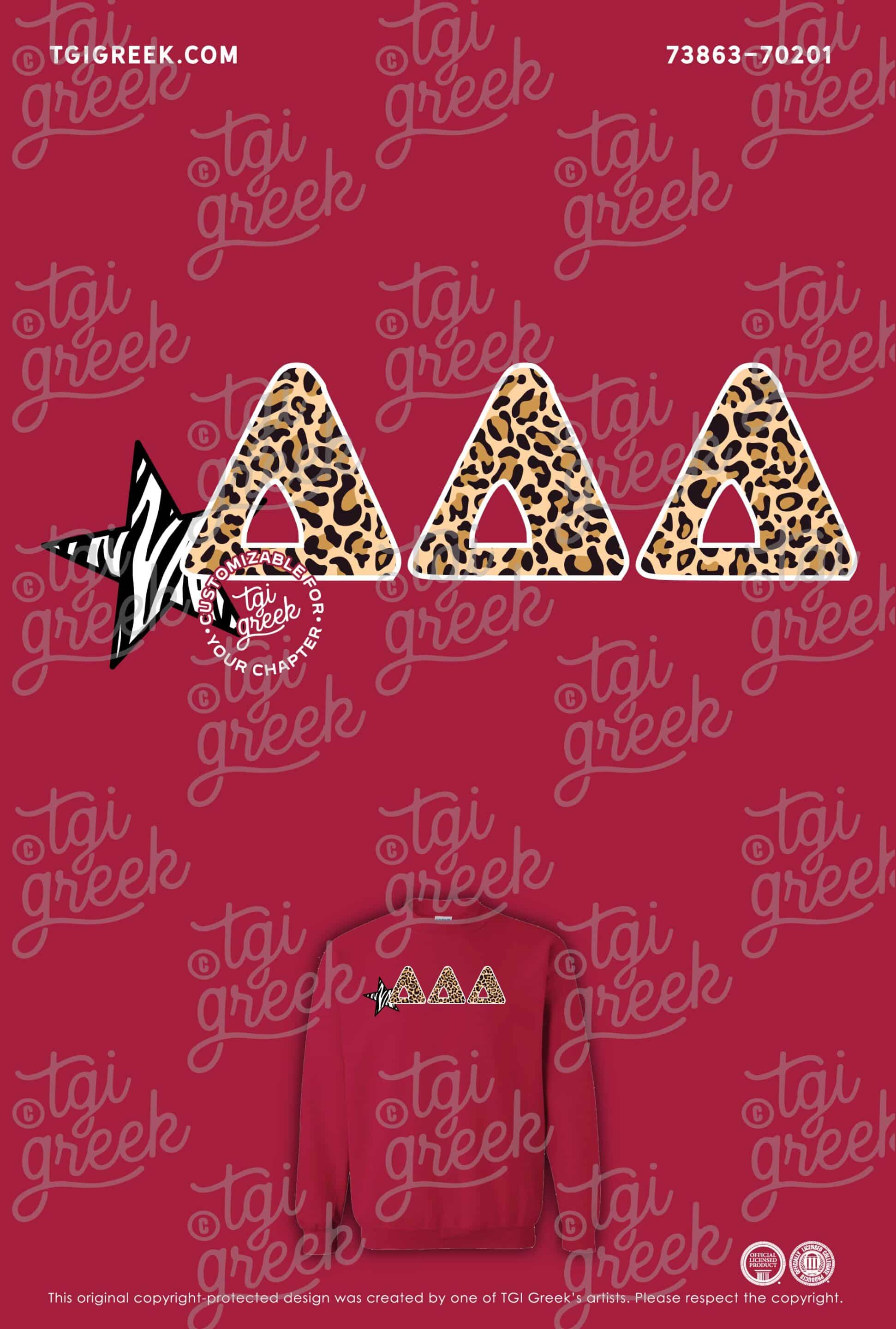 Red Crewneck Sweatshirt with a custom patch applique design of greek letters for the sorority delta delta delta. The letters have cheetah and zebra print designs