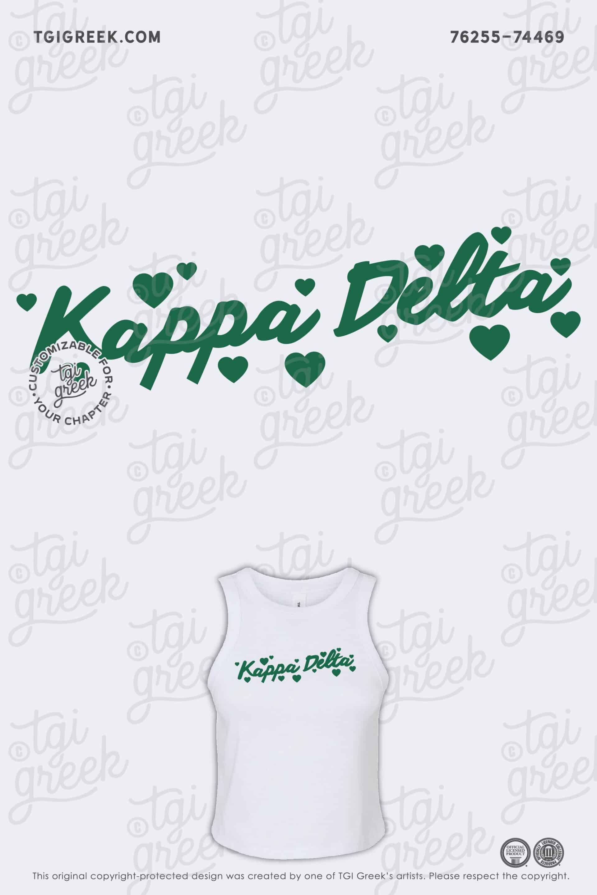 Kappa Delta High Neck Muscle Tank with Kappa Delta in Green across the front and green hearts