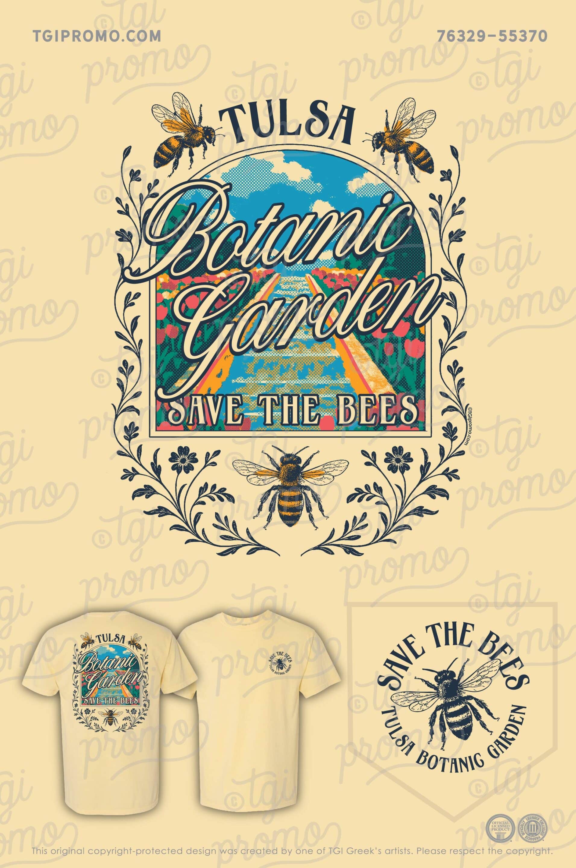 Yellow tshirt designed for the Tulsa Botanic Garden that says save the bees and has tulips and bees on the back