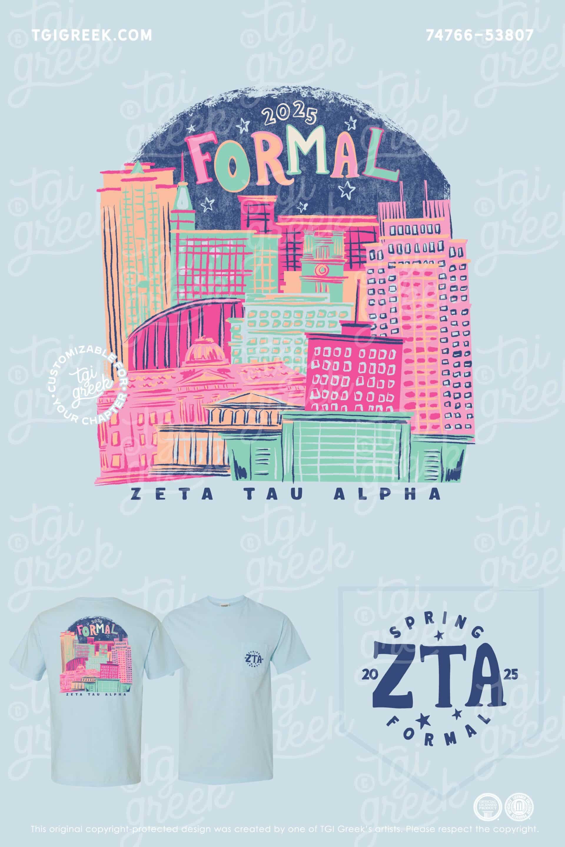 Zeta Spring Formal Shirt with a cityscape design of hand drawn colorful buildings
