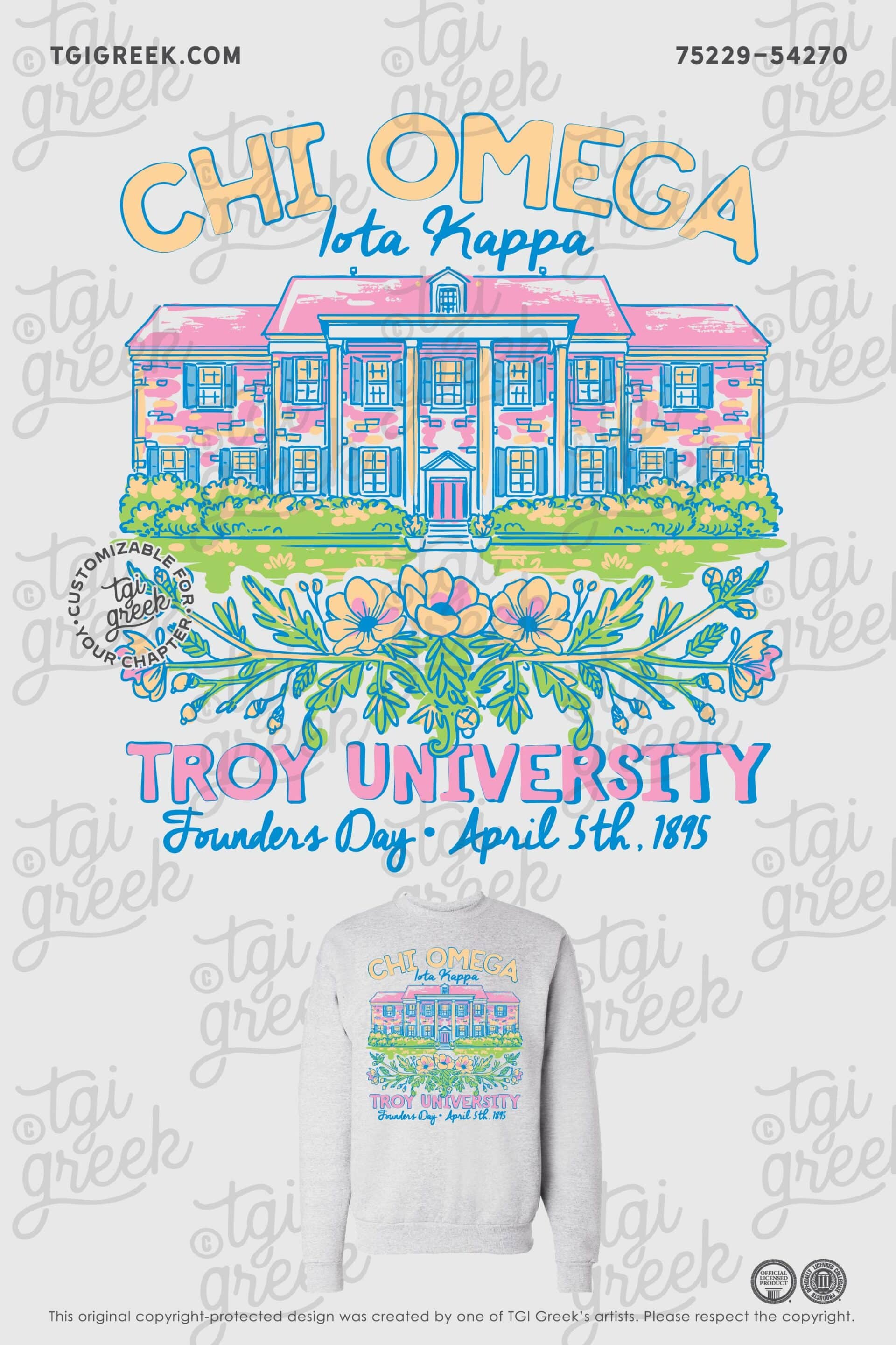 Crewneck sweatshirt designed for Troy University's Chi Omega sorority for Founder's Day with a pretty pastel drawing of the sorority house with flowers