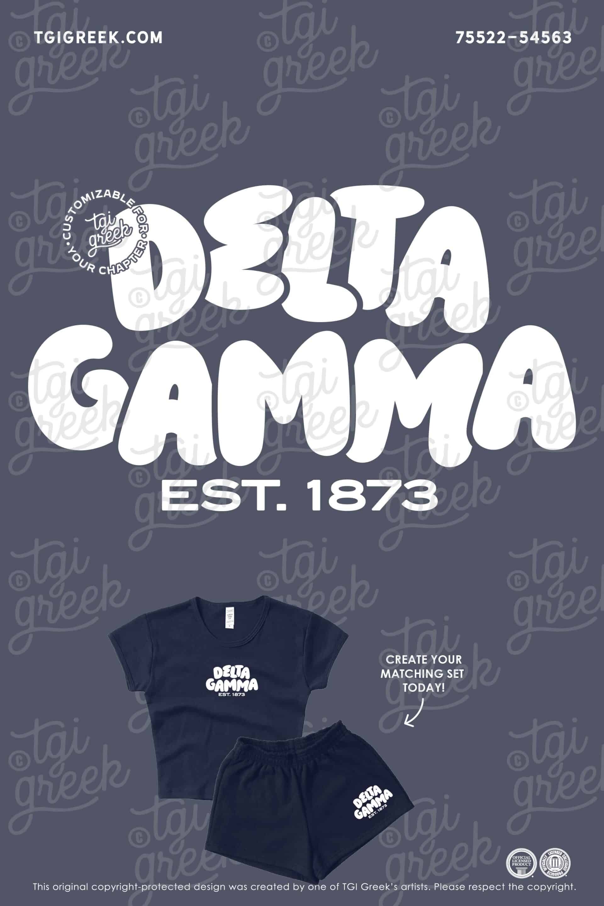 Custom matching set for Delta Gamma sorority featuring a navy crop top baby tee and matching sweat shorts with the chapter name and established date of 1873